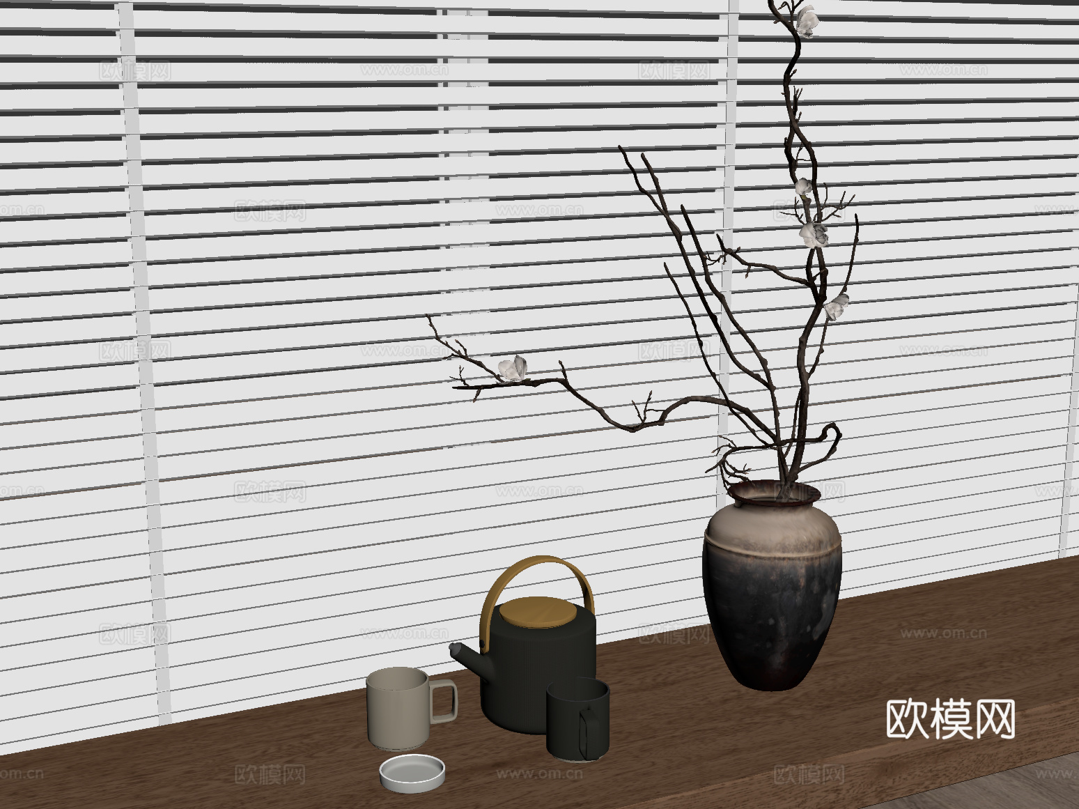 茶具 新中式茶具 干枝花瓶su模型