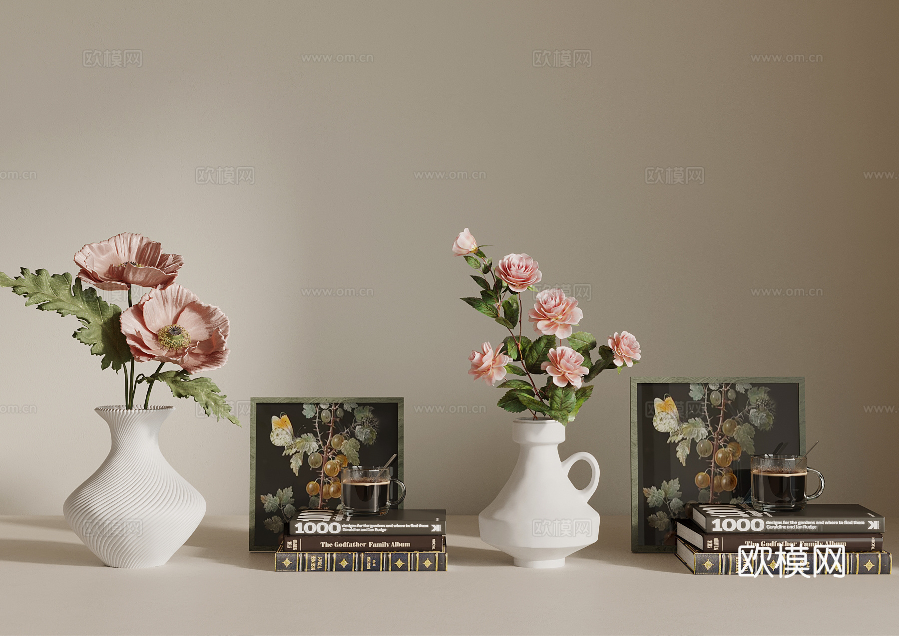 法式奶油风花瓶花艺 书籍摆件3d模型