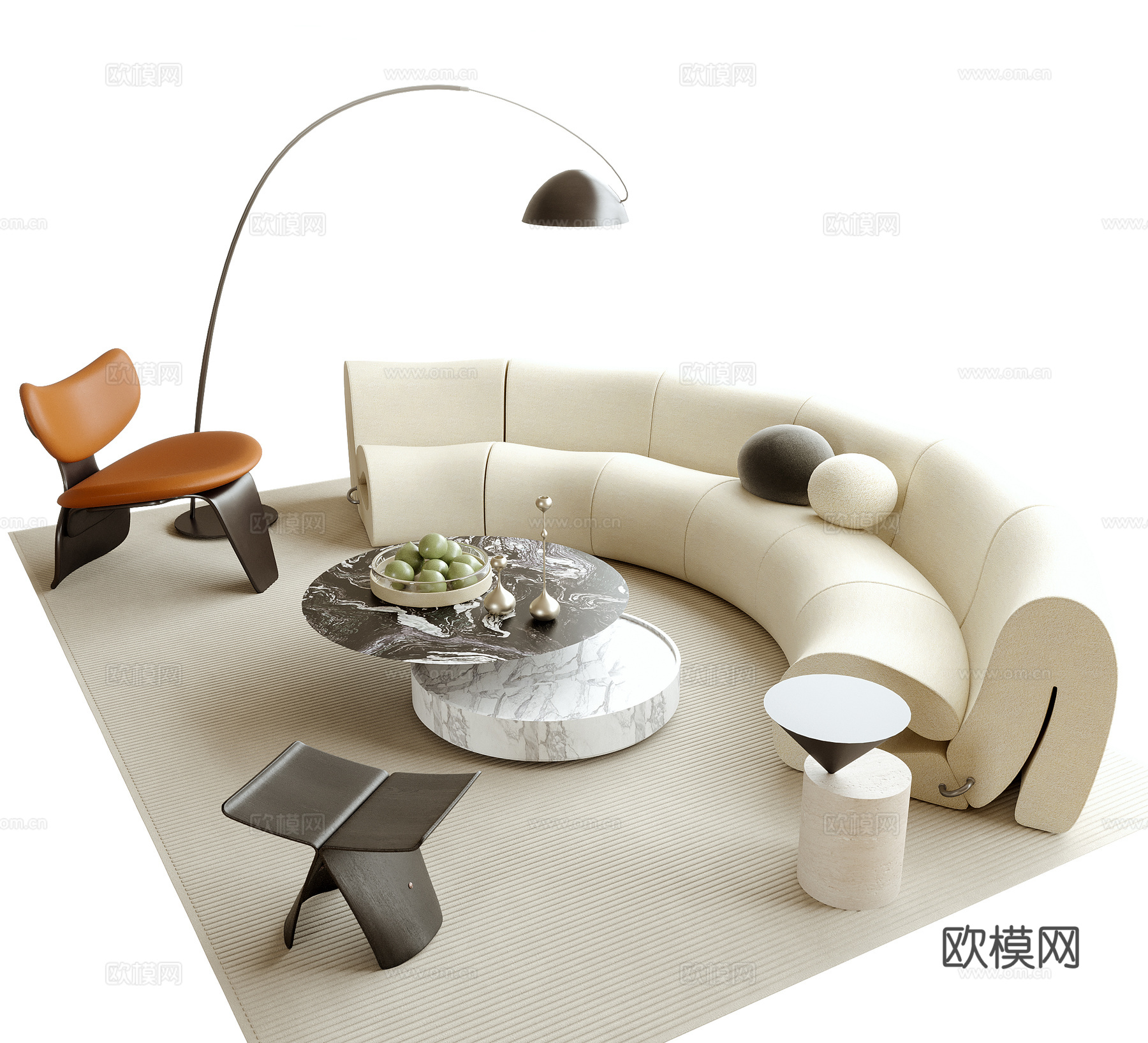 现代沙发茶几组合 弧形沙发 落地灯su模型
