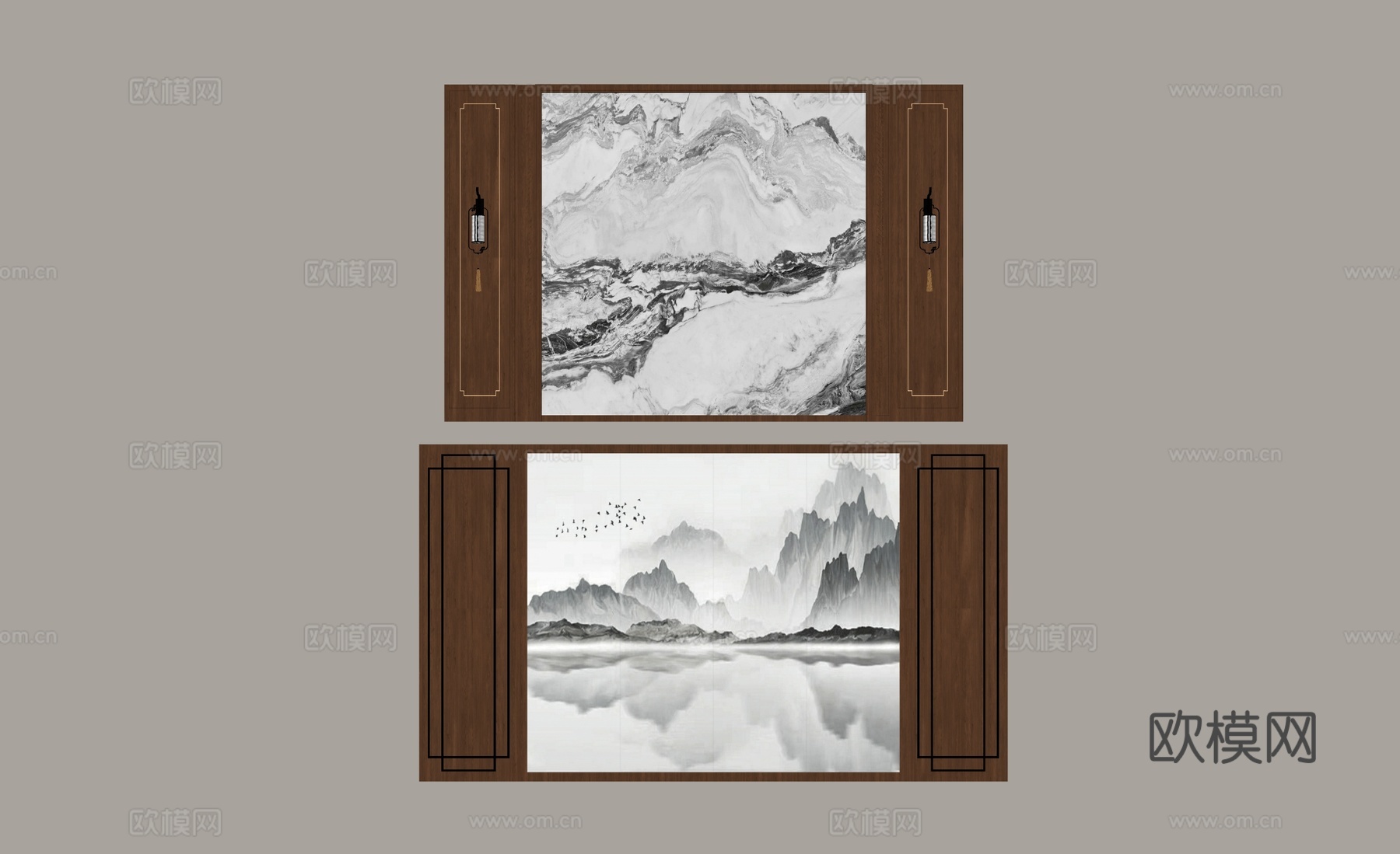 新中式电视背景墙 沙发背景墙su模型