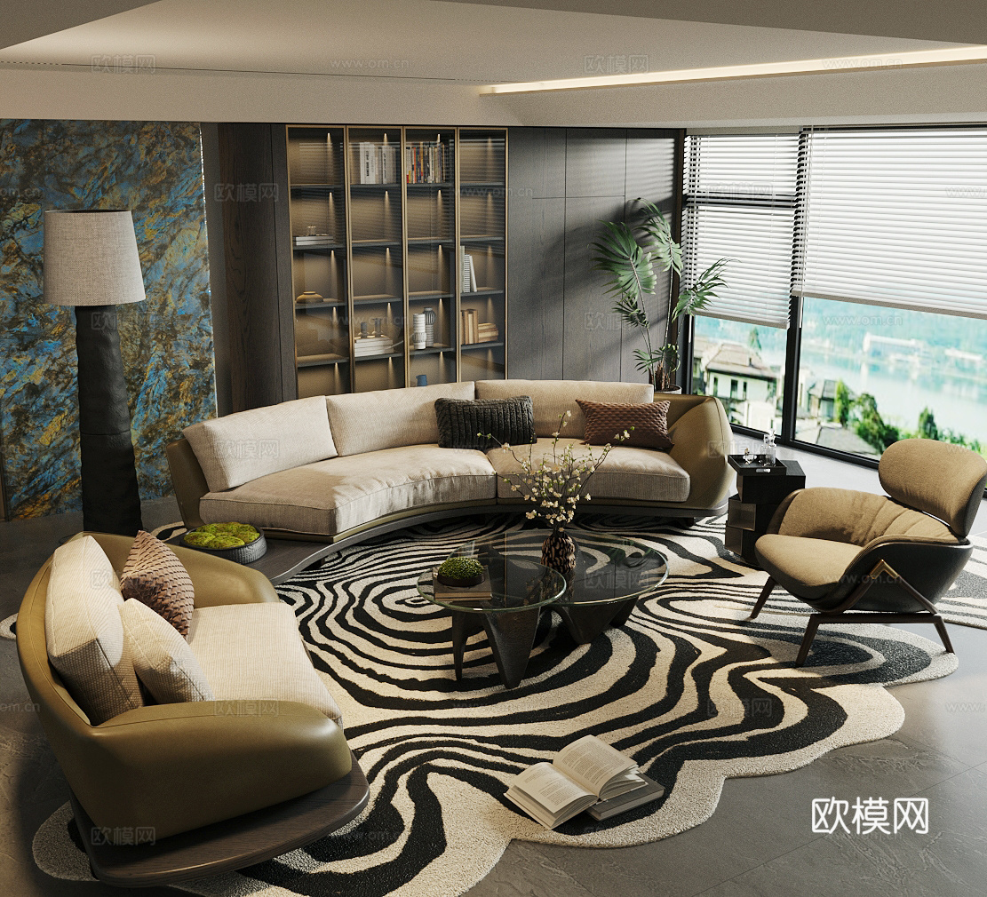 现代意式家居客厅 轻奢意式客厅 沙发茶几组合 高级灰客厅3d模型