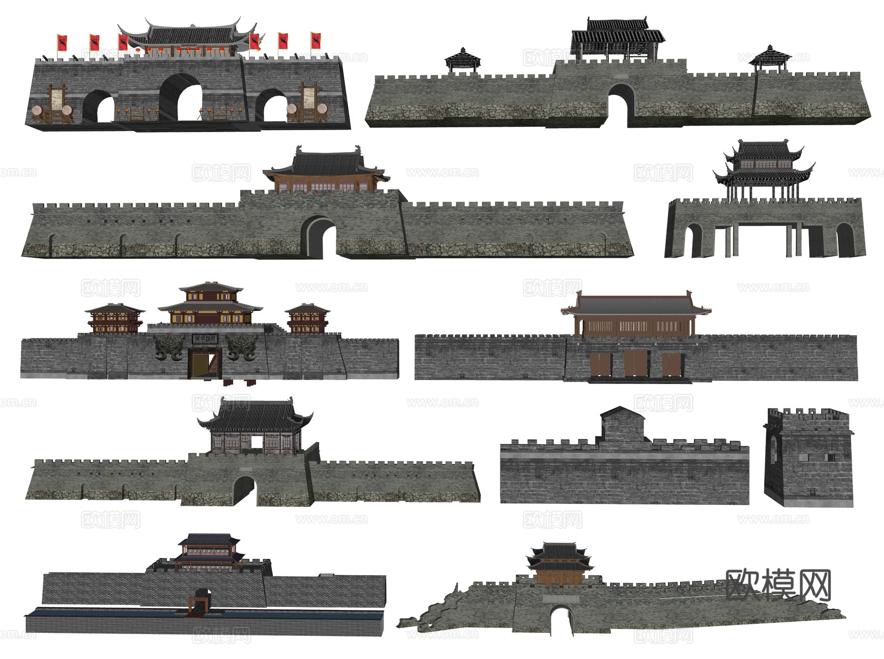 中式城门楼子 古城门 古城墙 古建筑城楼 长城 古代城墙su模型