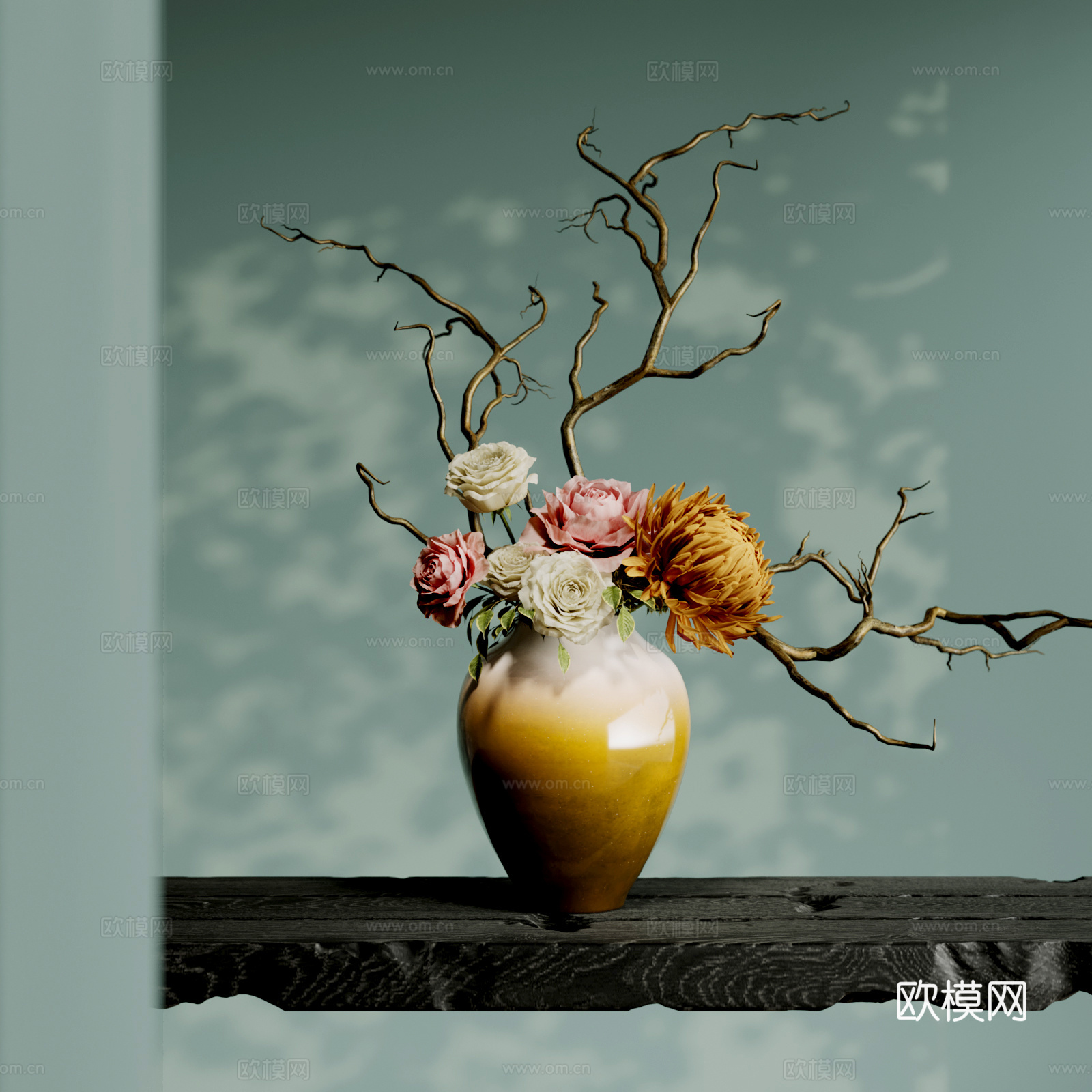 新中式花艺摆件 宋式美学 艺术花艺摆件 陶瓷花瓶3d模型