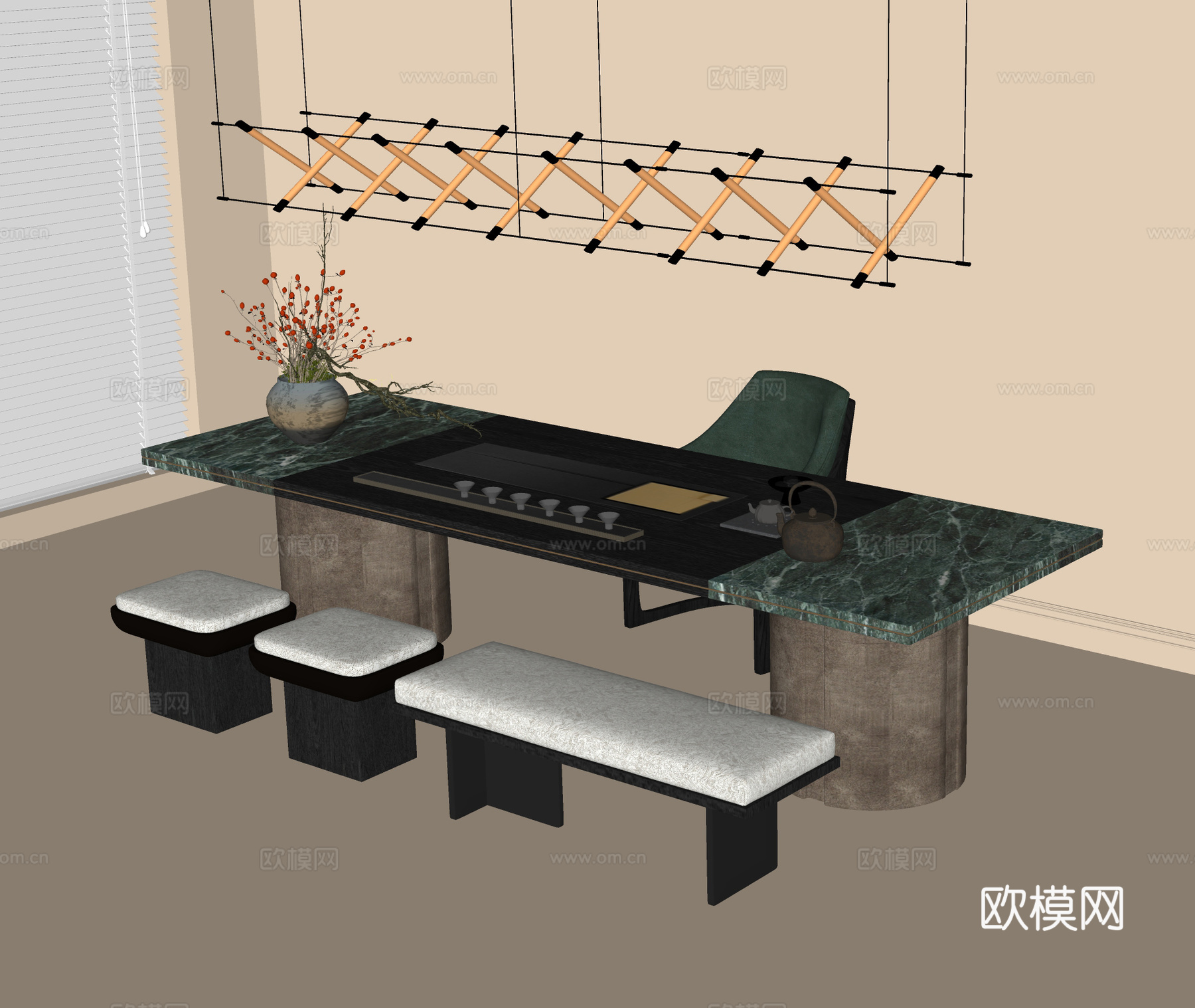 现代茶桌椅 吊灯 长凳 凳子 茶具su模型