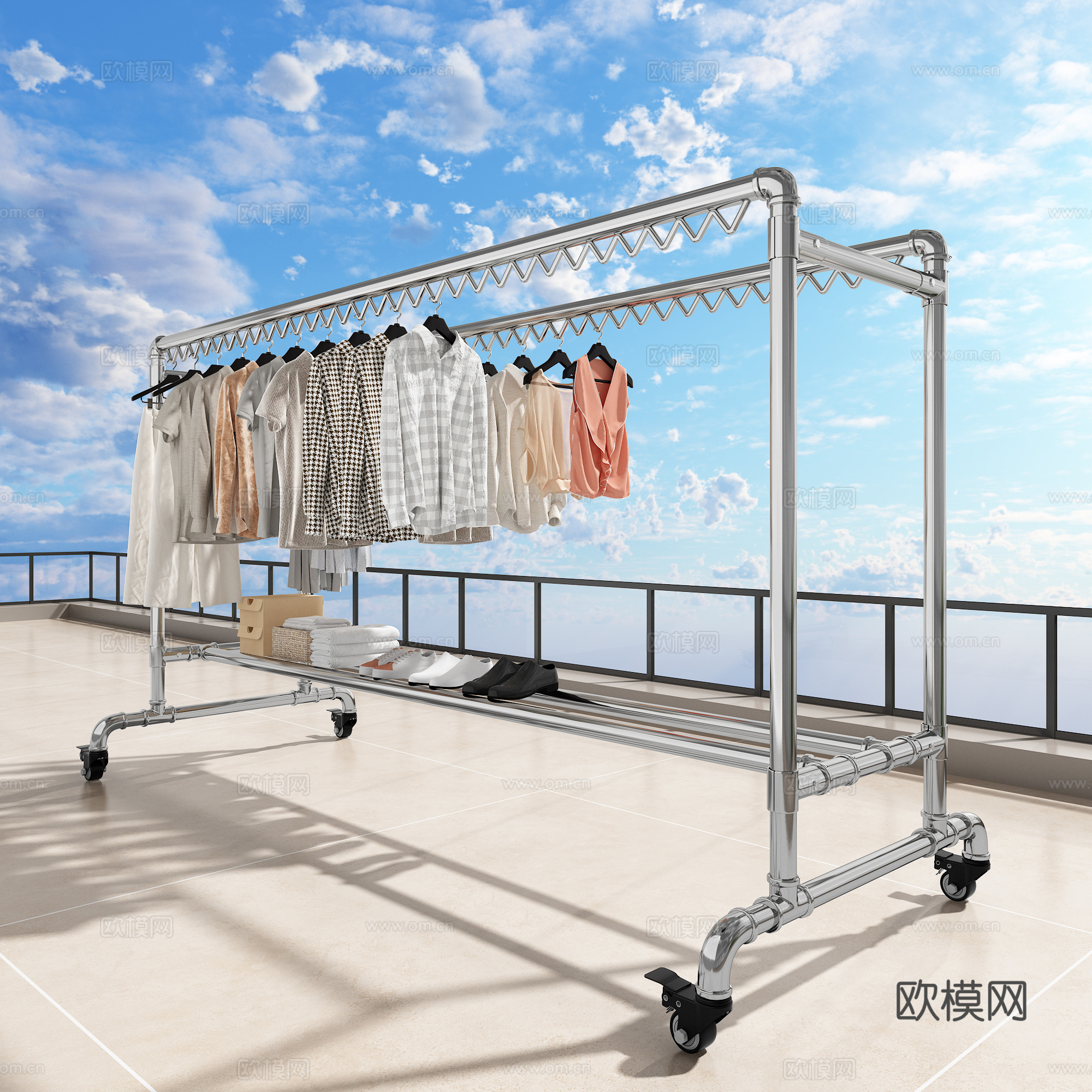 晾衣架 阳台挂衣架 天台晾衣杆 衣服 服饰3d模型