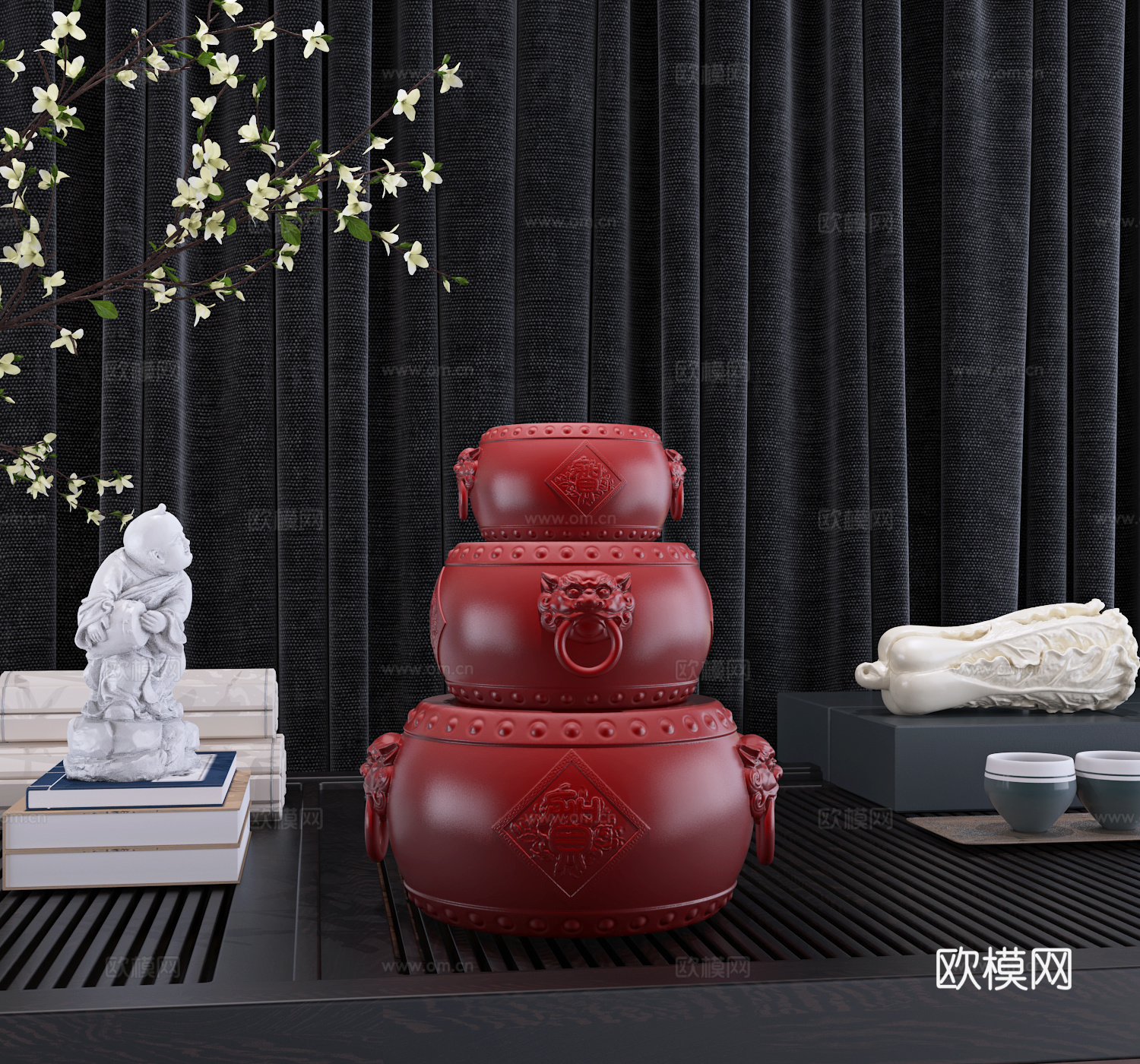 新中式兽面鼓雕塑陈设摆件3d模型
