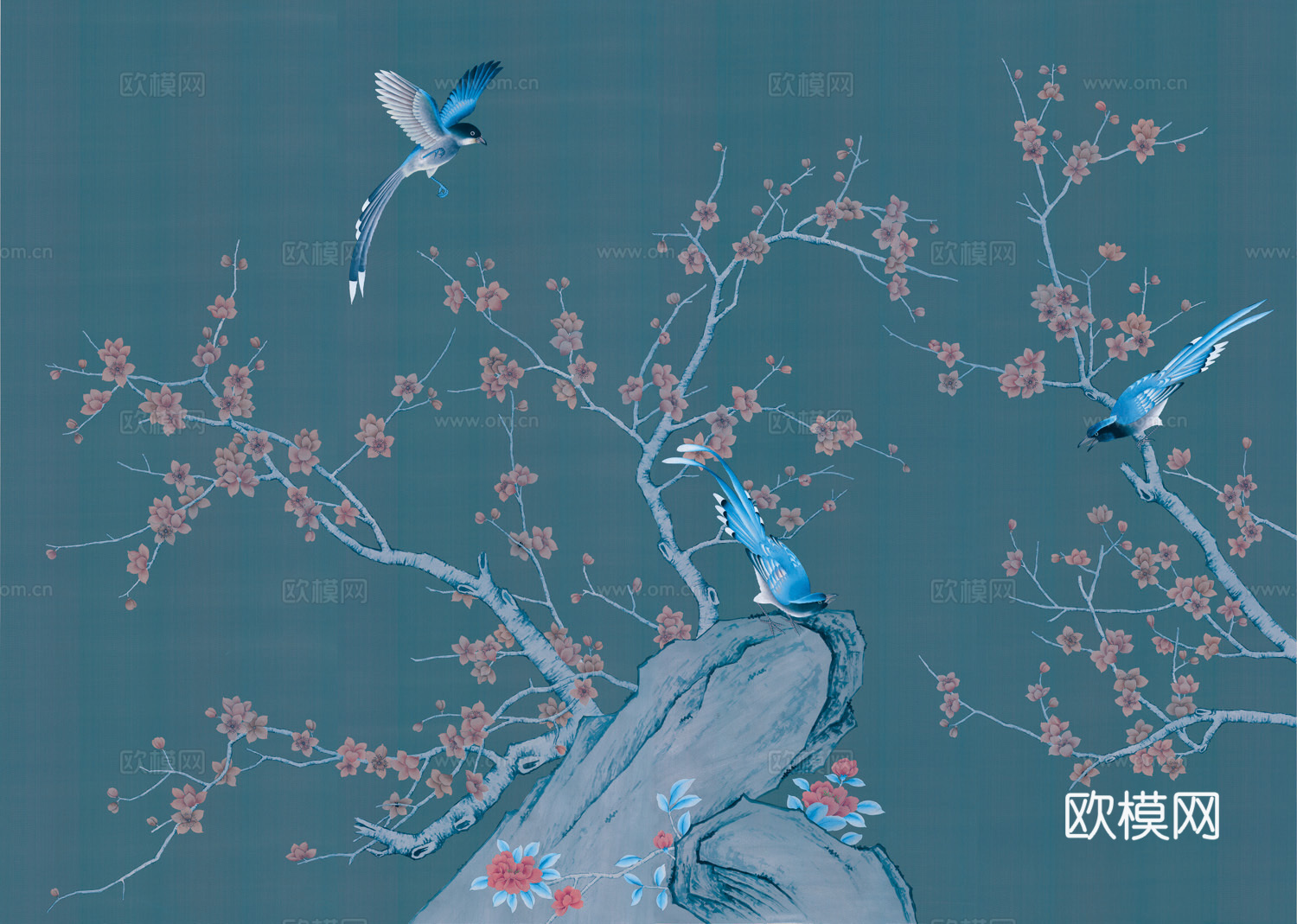 蓝色中式喜鹊梅花壁纸