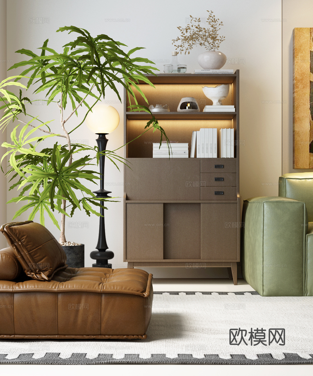 现代中古风书柜 开放式书柜 中古休闲沙发 中古落地灯 植物3d模型