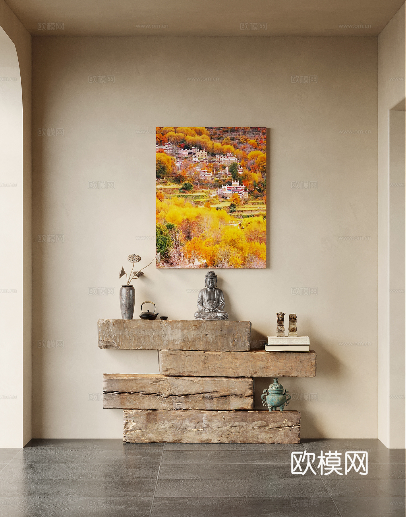 玄关 新中式玄关 端景柜 挂画 摆件3d模型