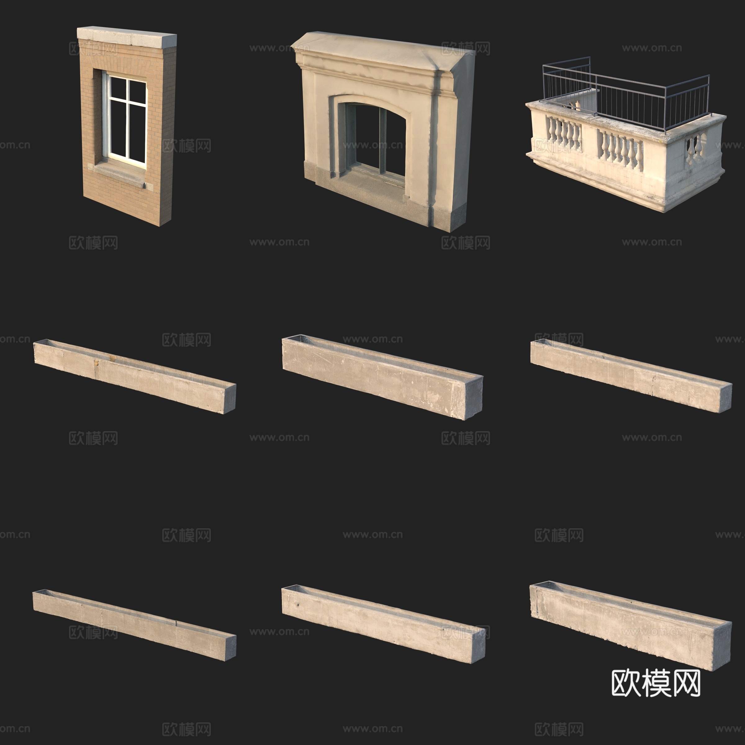 古典窗户窗框护栏栏杆条石3d模型