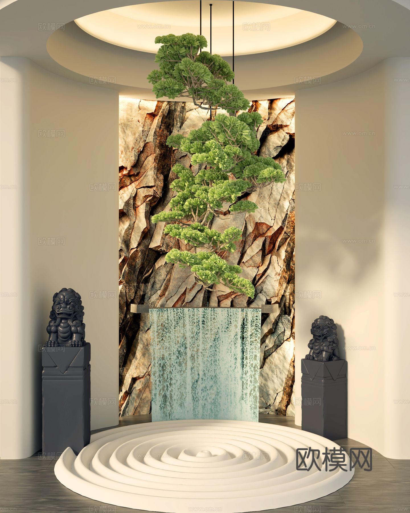 新中式水景喷泉 植物造景su模型