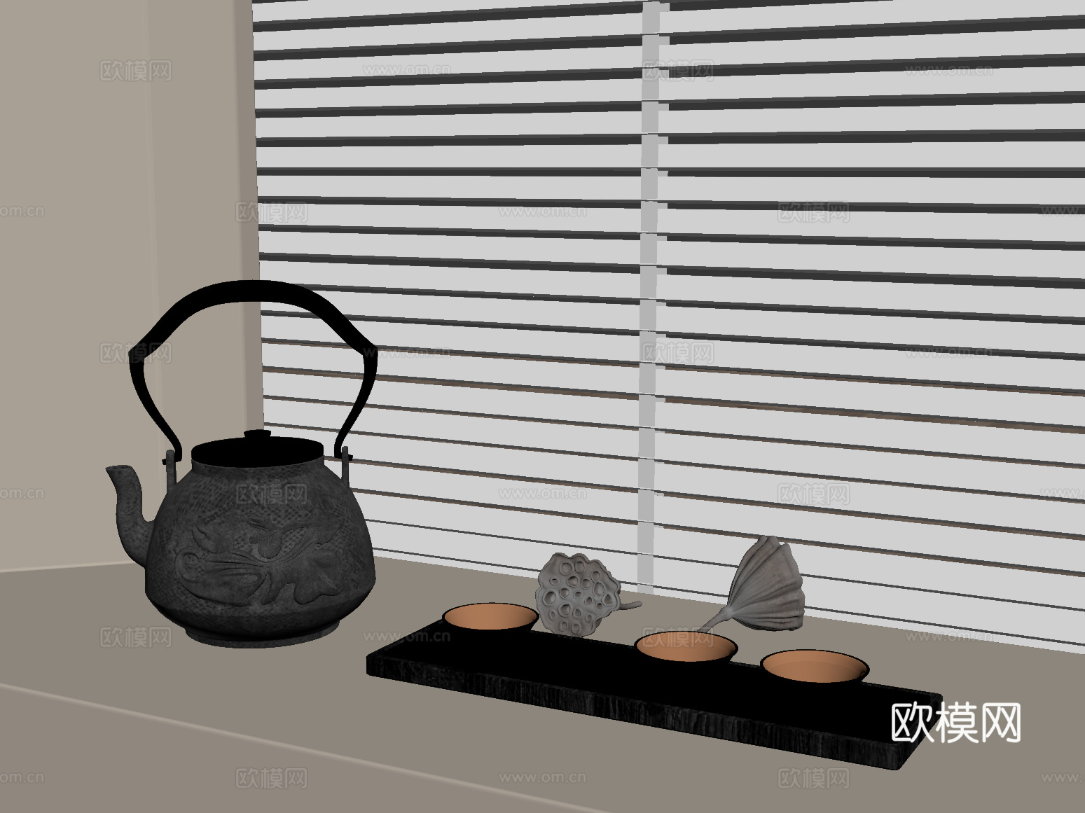 茶具 新中式茶具 茶壶 茶杯 托盘摆件su模型