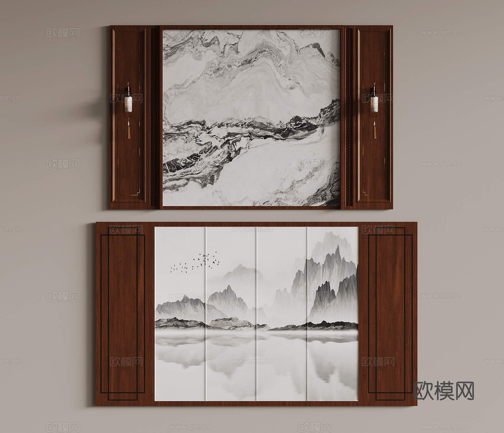 新中式电视背景墙 沙发背景墙su模型