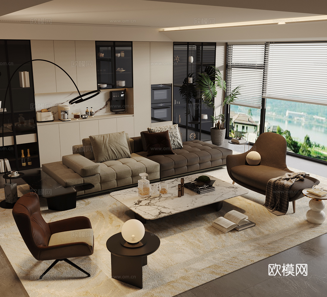 现代意式家居客厅 轻奢意式客厅 沙发茶几组合 高级灰客厅3d模型