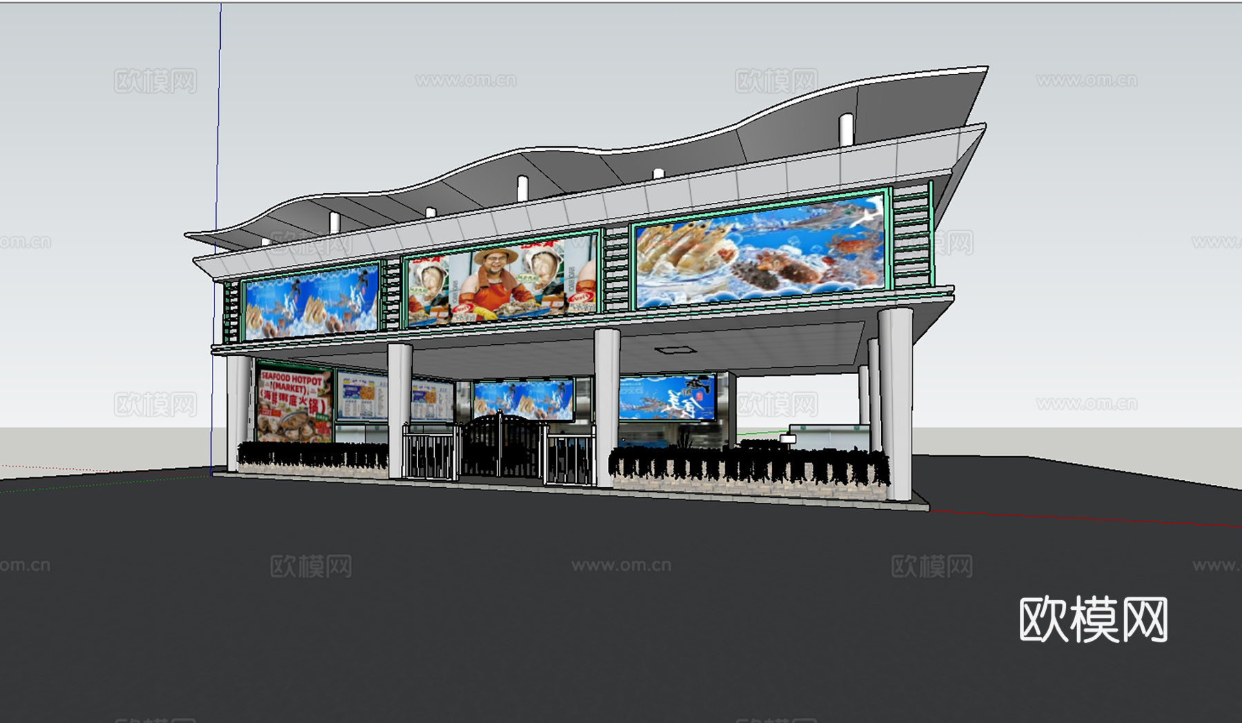 现代海鲜大排档 超市门头招牌su模型