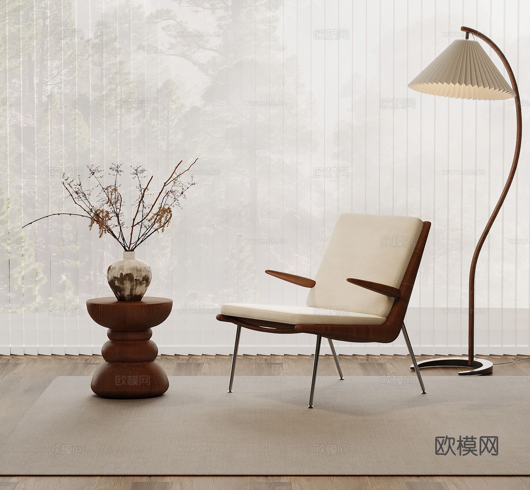 躺椅 中古风躺椅 休闲椅 边几 落地灯3d模型