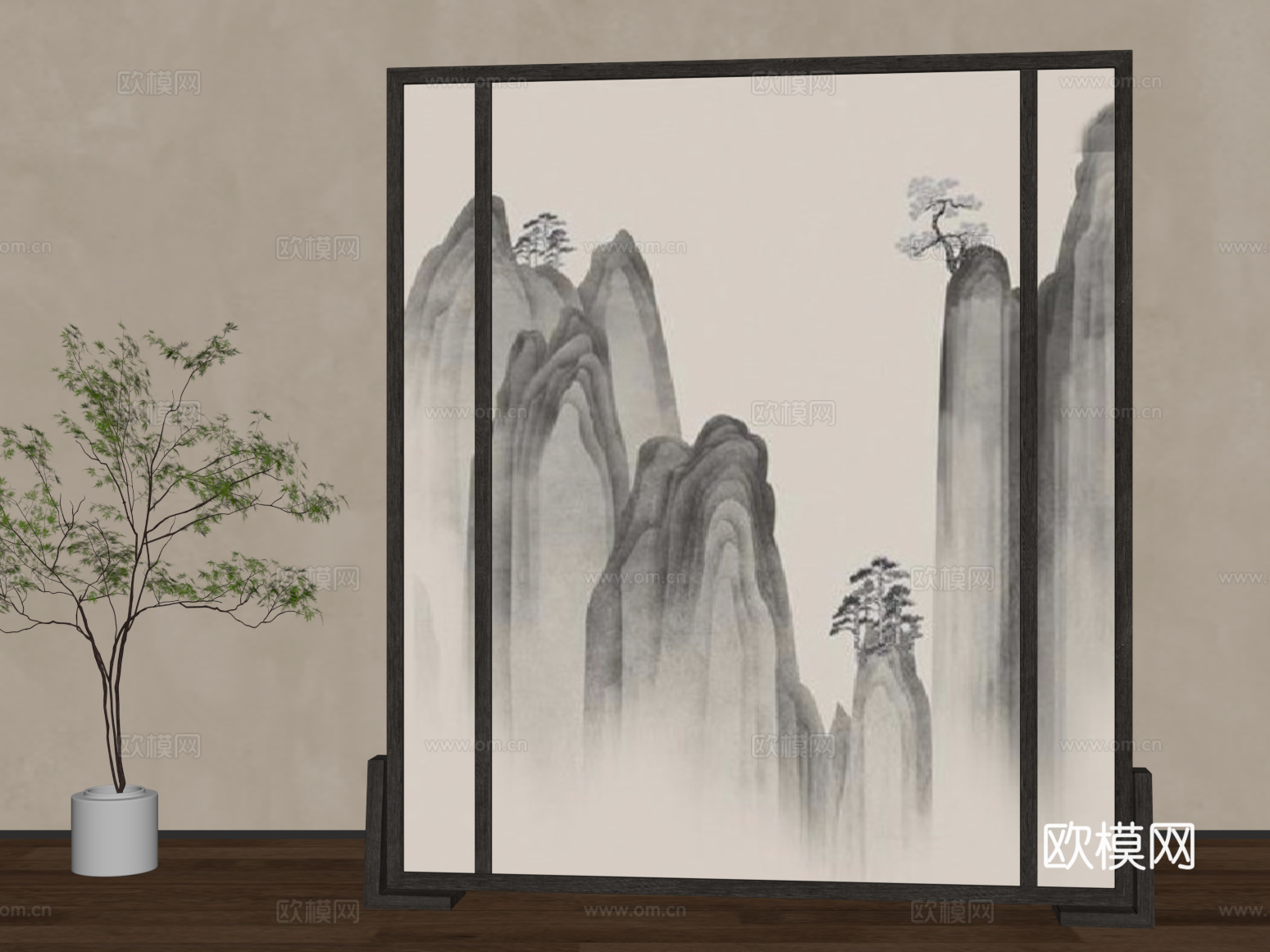 新中式屏风隔断 绿植su模型