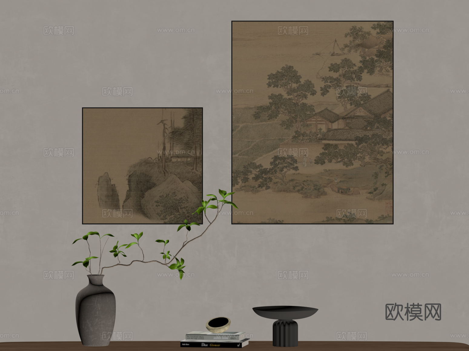 装饰画 宋式挂画 装饰画 绿植摆件su模型