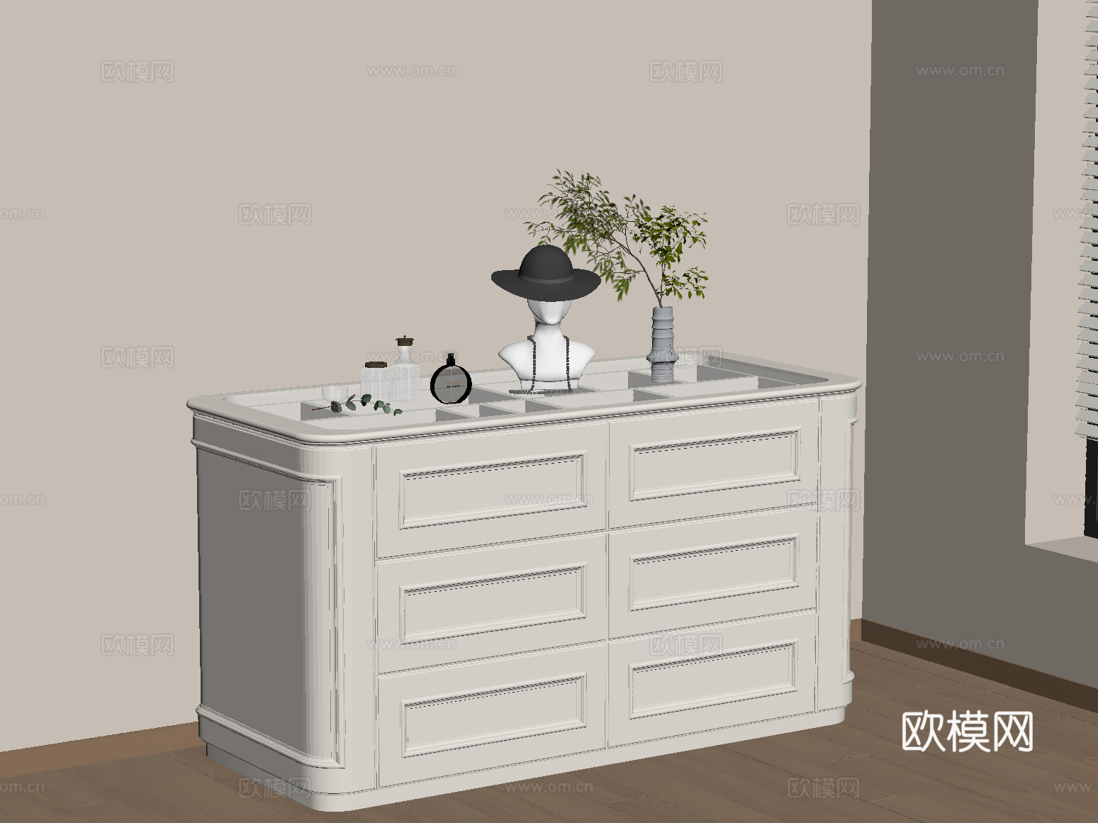 现代奶油风衣帽间岛台 化妆品 绿植su模型