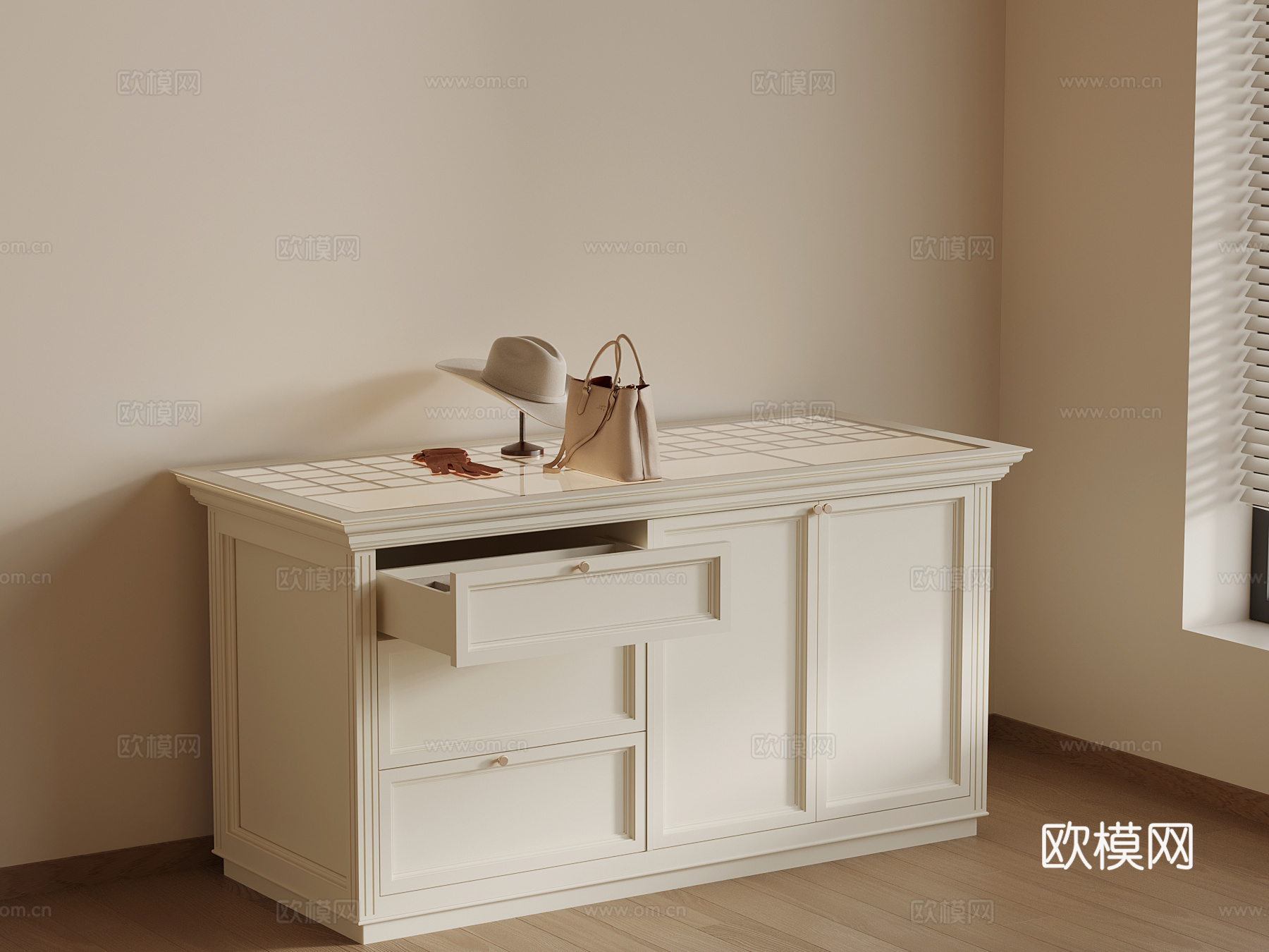 现代奶油风衣帽间岛台 化妆品3d模型