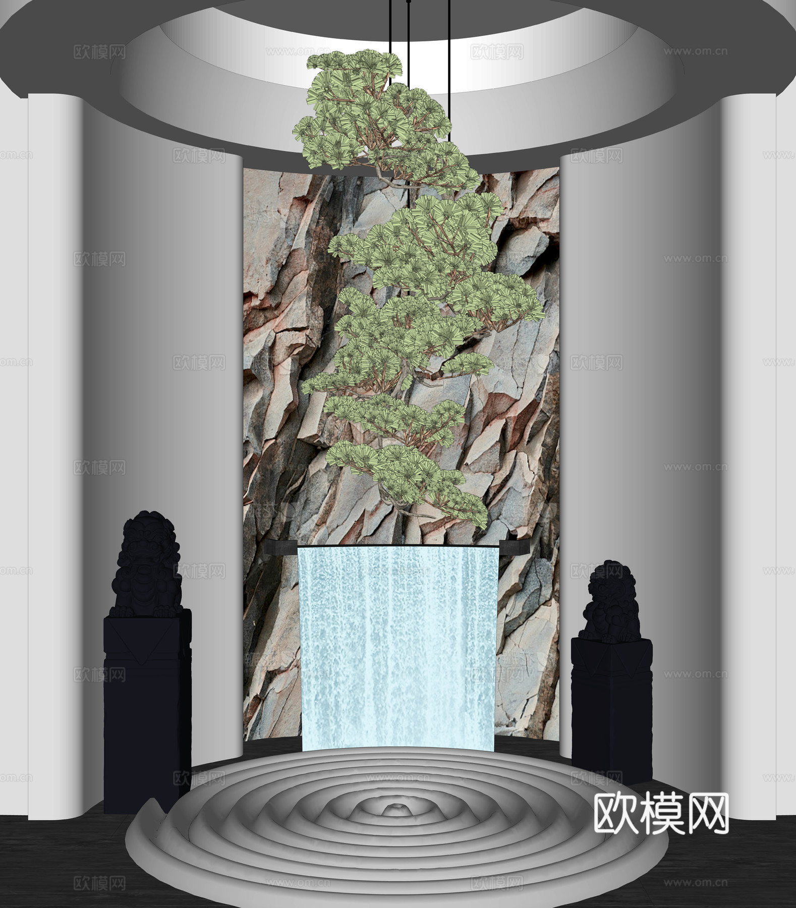 新中式水景喷泉 植物造景su模型