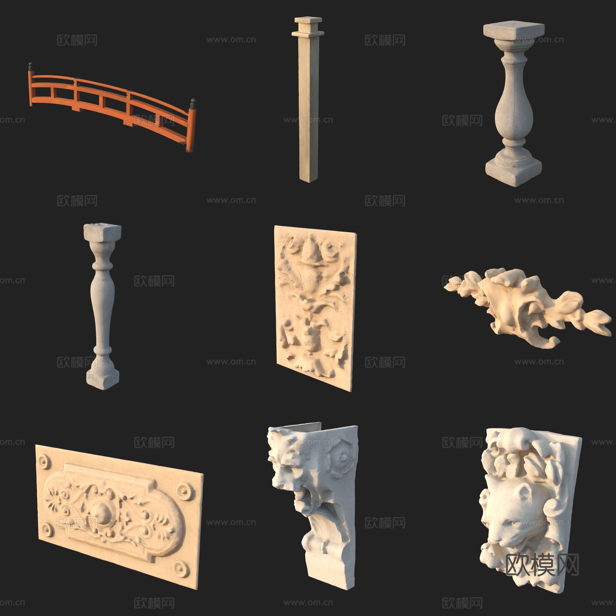 古代古典石柱浮雕石雕护栏栏杆3d模型