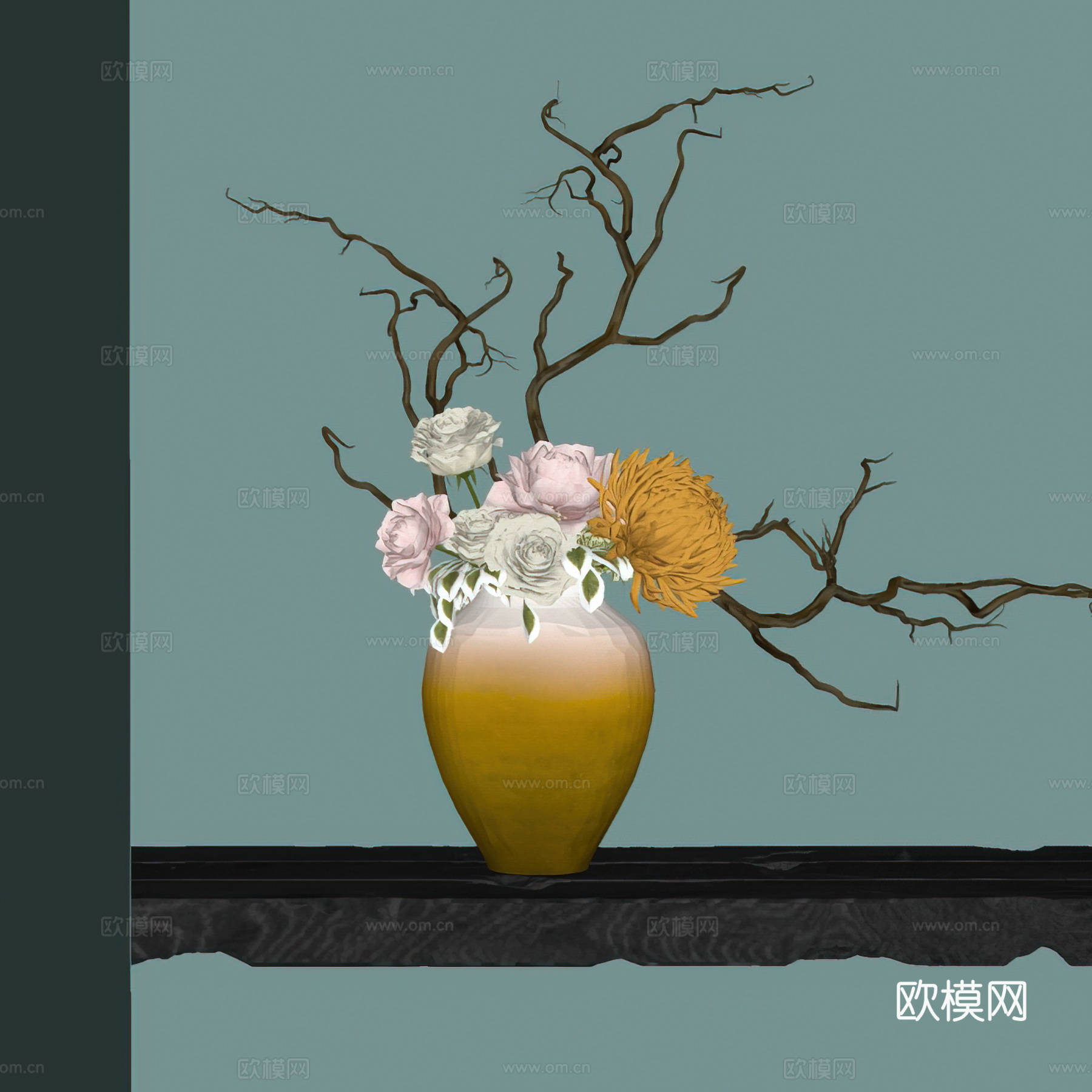 新中式花艺摆件 宋式美学 艺术花艺摆件 陶瓷花瓶su模型