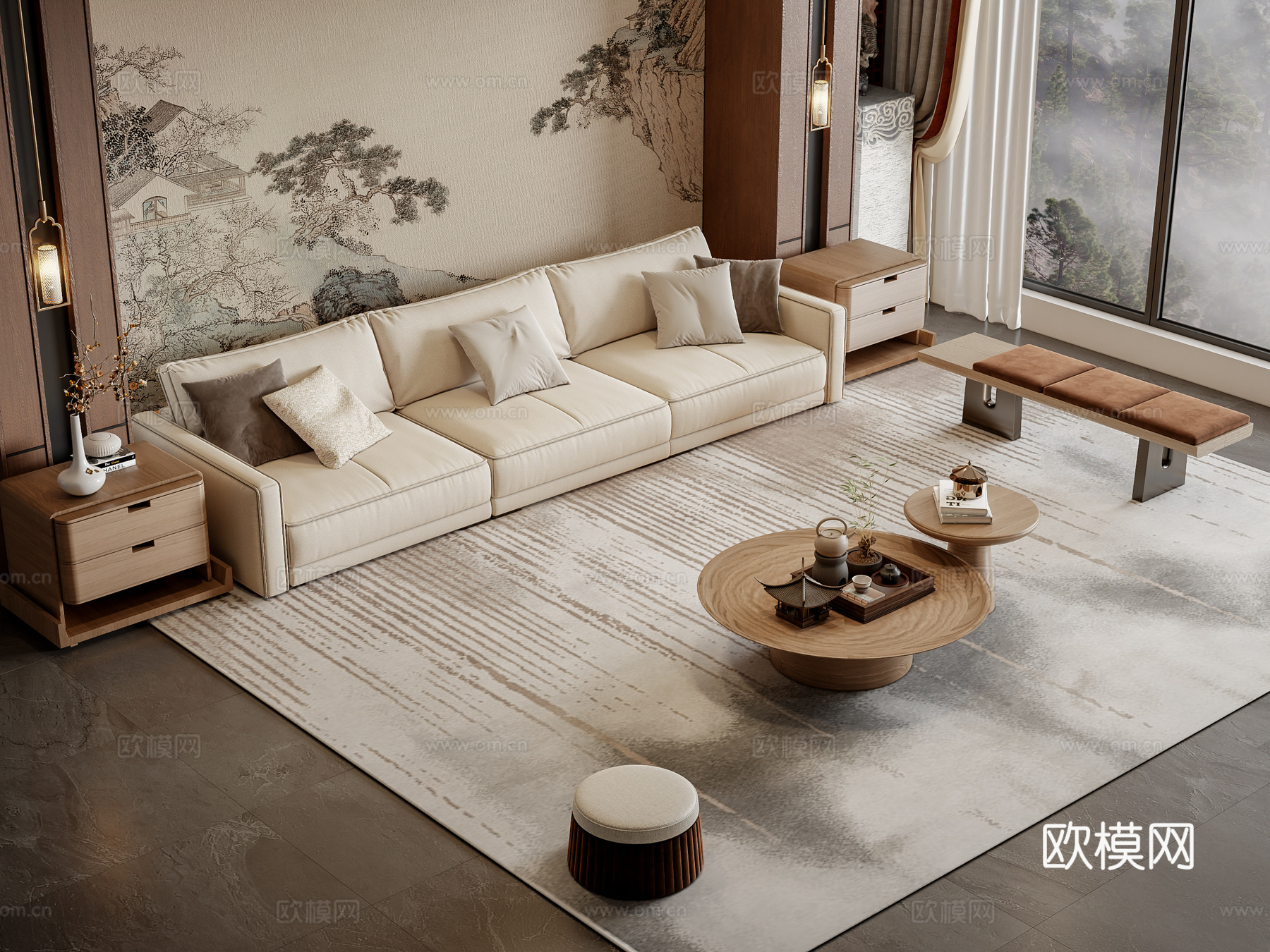 新中式沙发茶几组合3d模型
