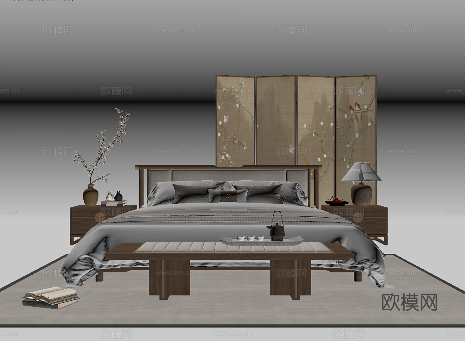 禅意新中式卧室床组合 宋代美学家具 布艺双人床 宋式屏风3d模型