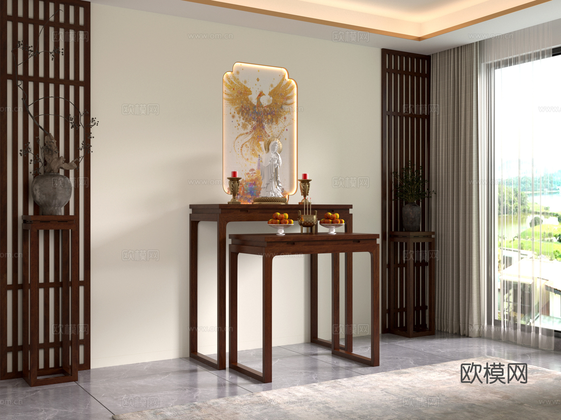 新中式实木佛龛  神台 玄关  供桌 香案 中堂 花架 背景3d模型