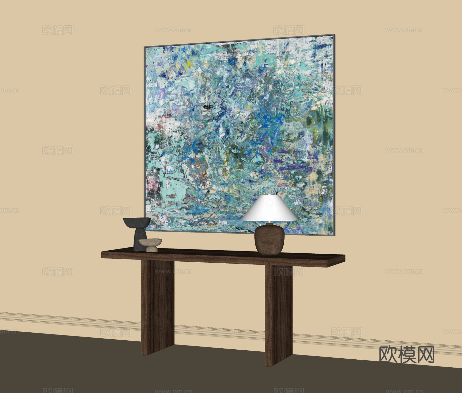 现代端景台 玄关台 挂画 台灯su模型
