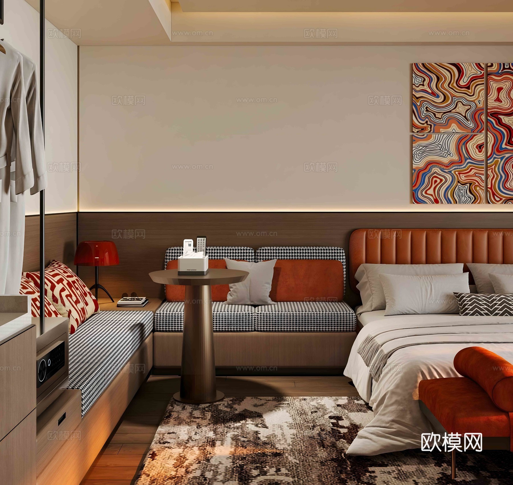 现代轻奢酒店客房 酒店大床房 酒店套房 酒店标间 布艺双人床su模型