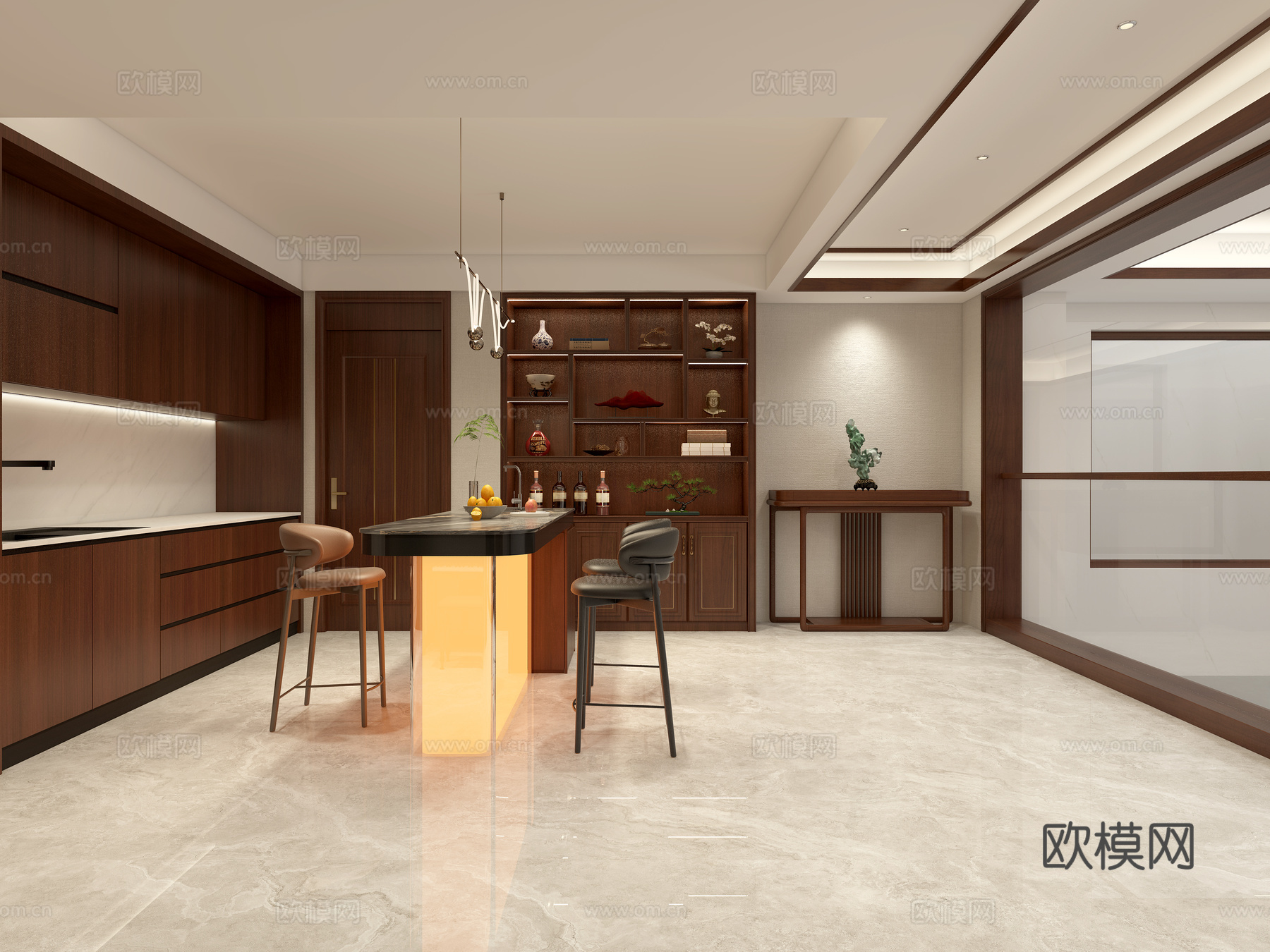 新中式地下室 水吧 吧台 钢琴3d模型