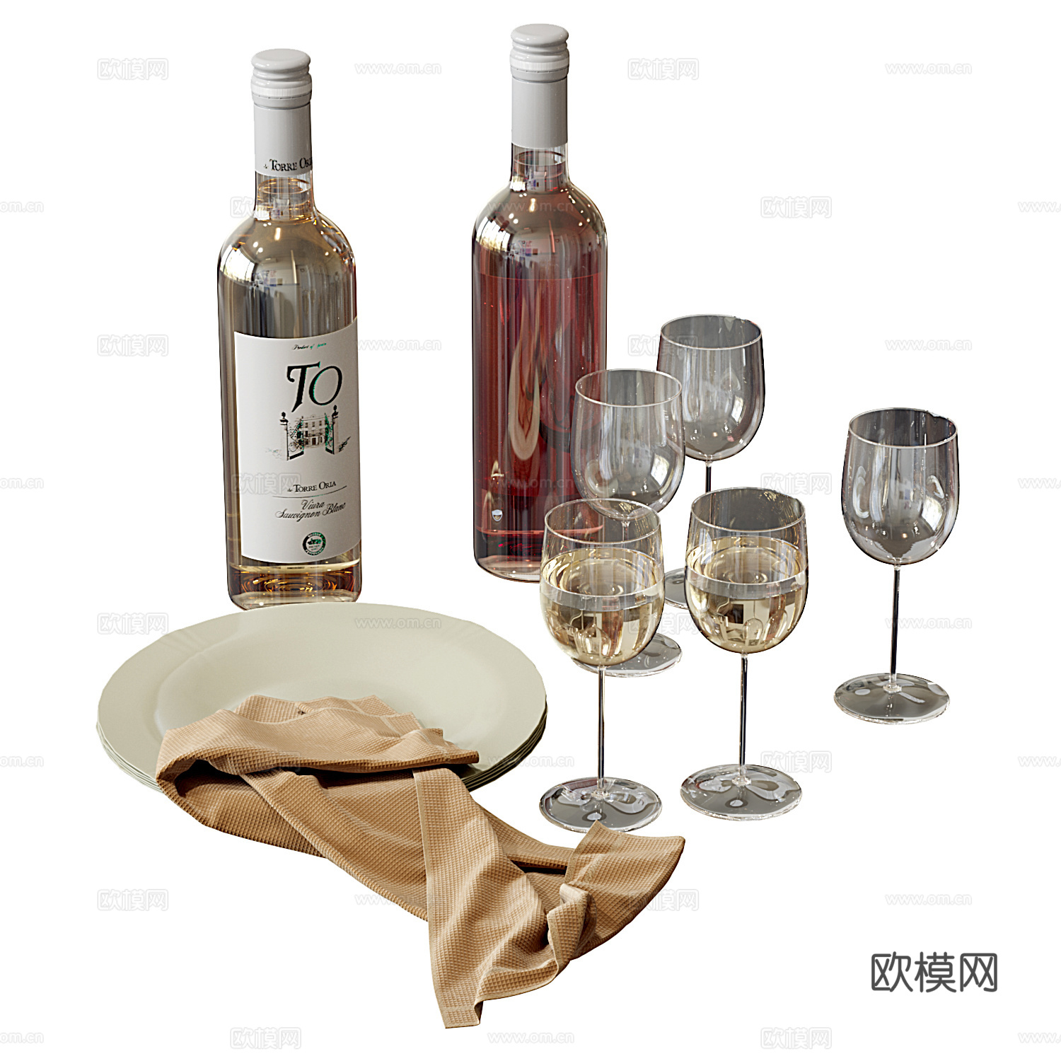 现代酒具摆件 红酒 酒杯 盘子 洋酒su模型