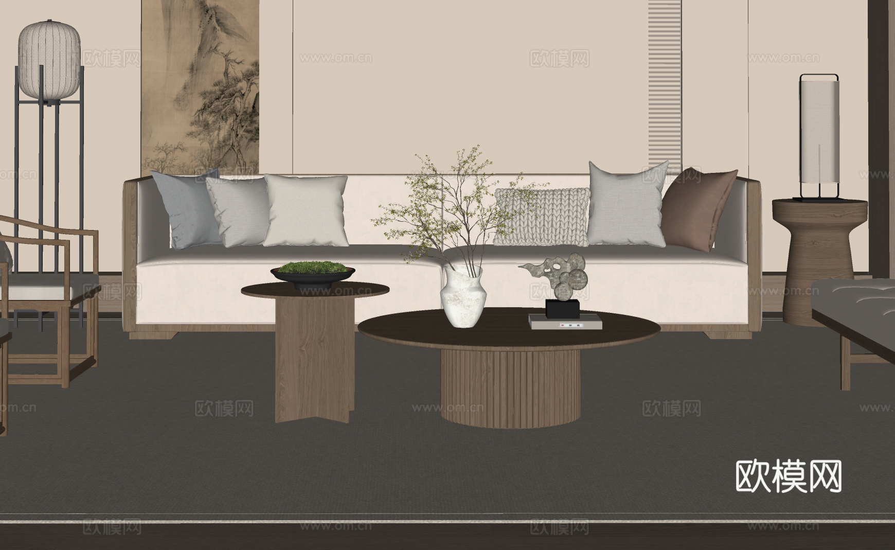 新中式沙发茶几组合su模型