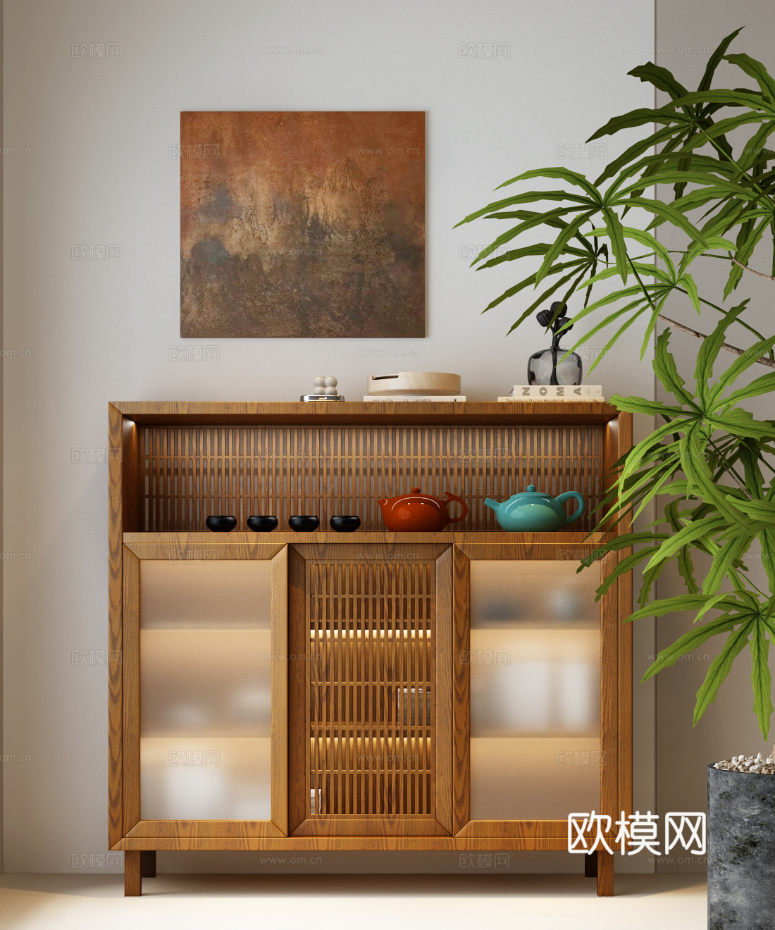 茶柜 新中式茶柜 茶壶 摆件 现代中古植物 装饰画su模型
