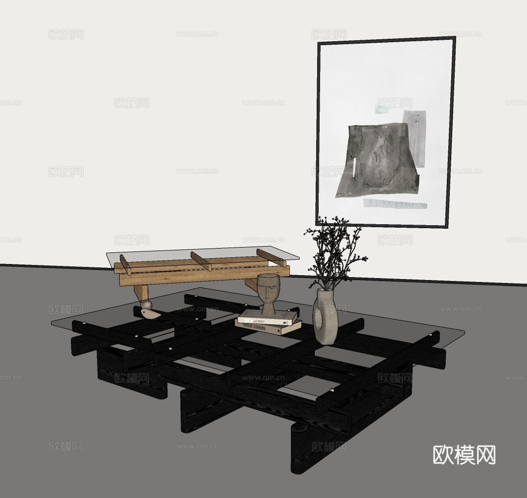 现代茶几 简约茶桌 极简茶台 轻奢实木玻璃茶几su模型