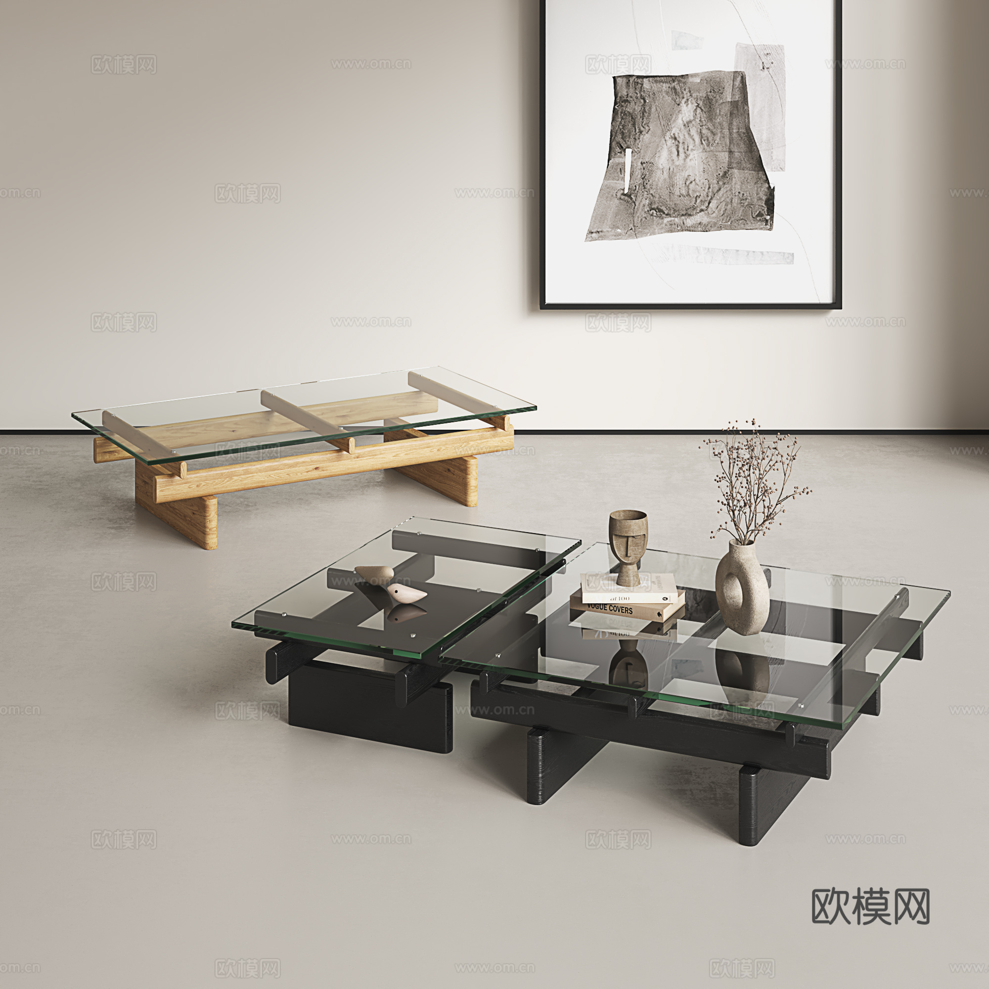 现代茶几 简约茶桌 极简茶台 轻奢实木玻璃茶几su模型