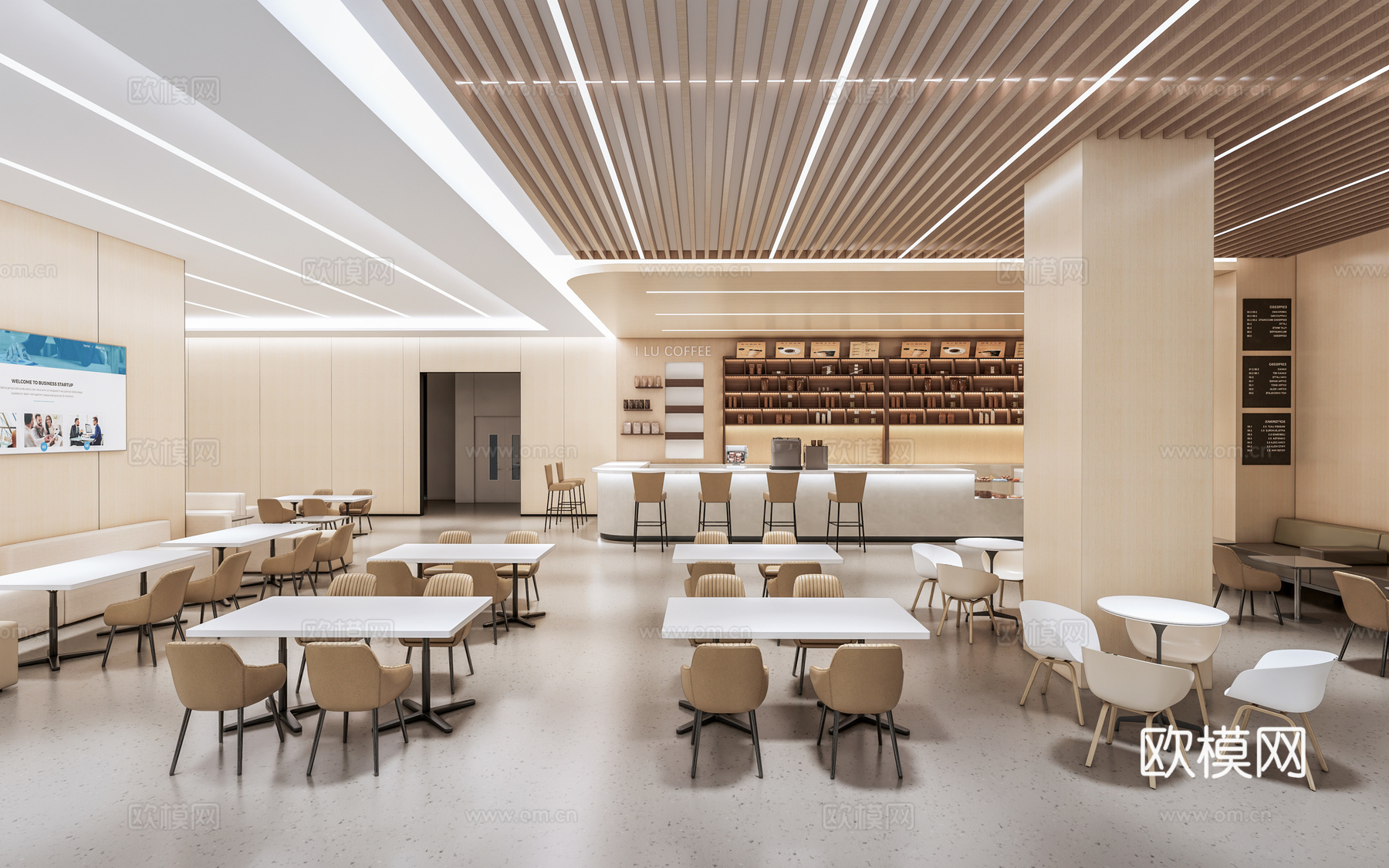 现代员工食堂 公司餐厅 食堂桌椅su模型