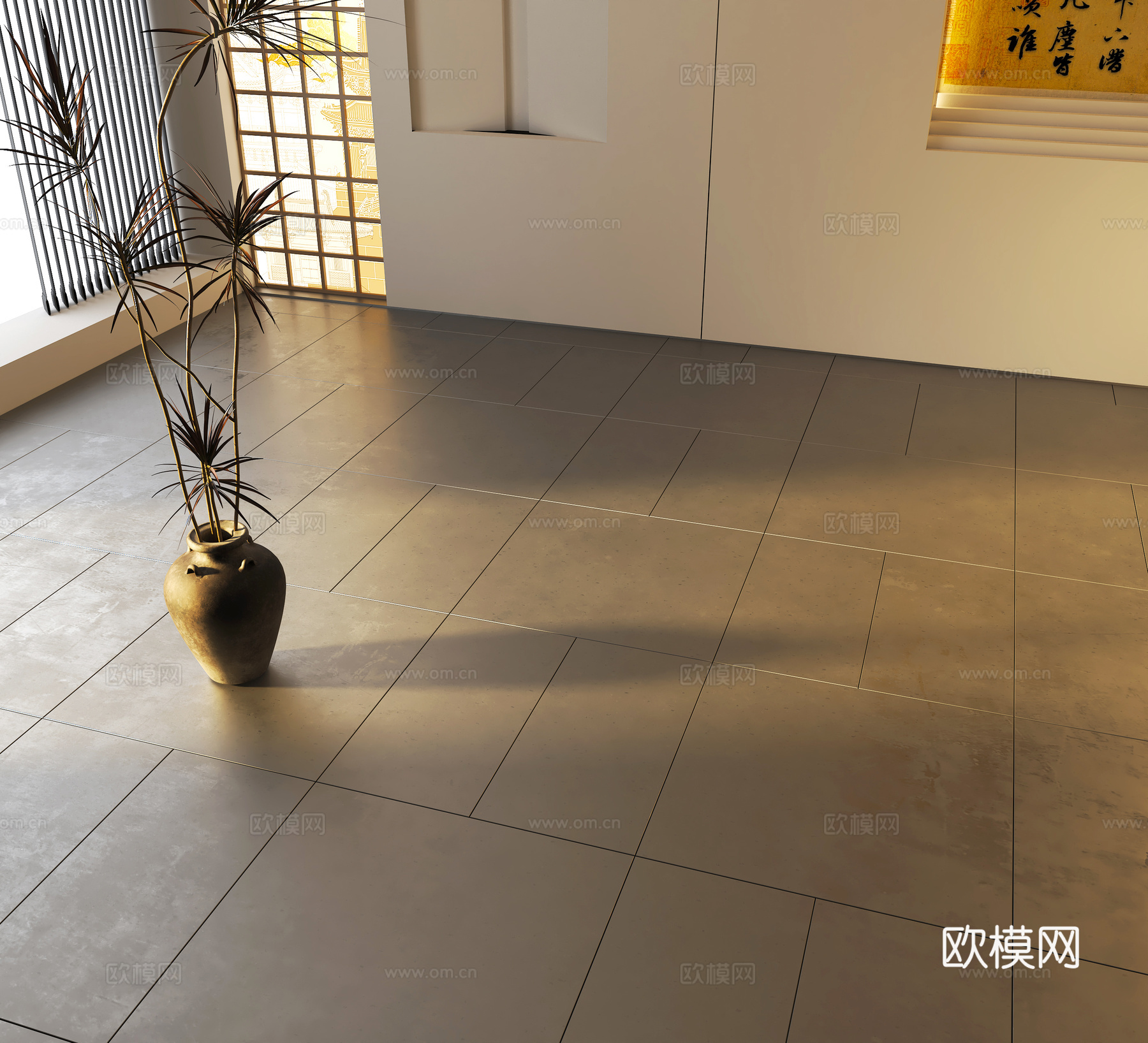 新中式地面地砖 绿植盆栽3d模型