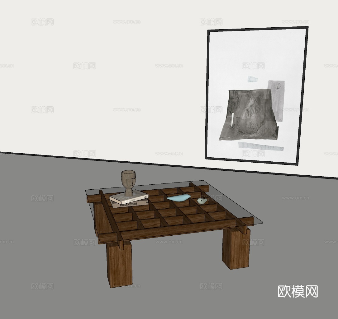 侘寂风茶几 实木茶几 现代原木玻璃茶几 复古风方茶几 中古风su模型