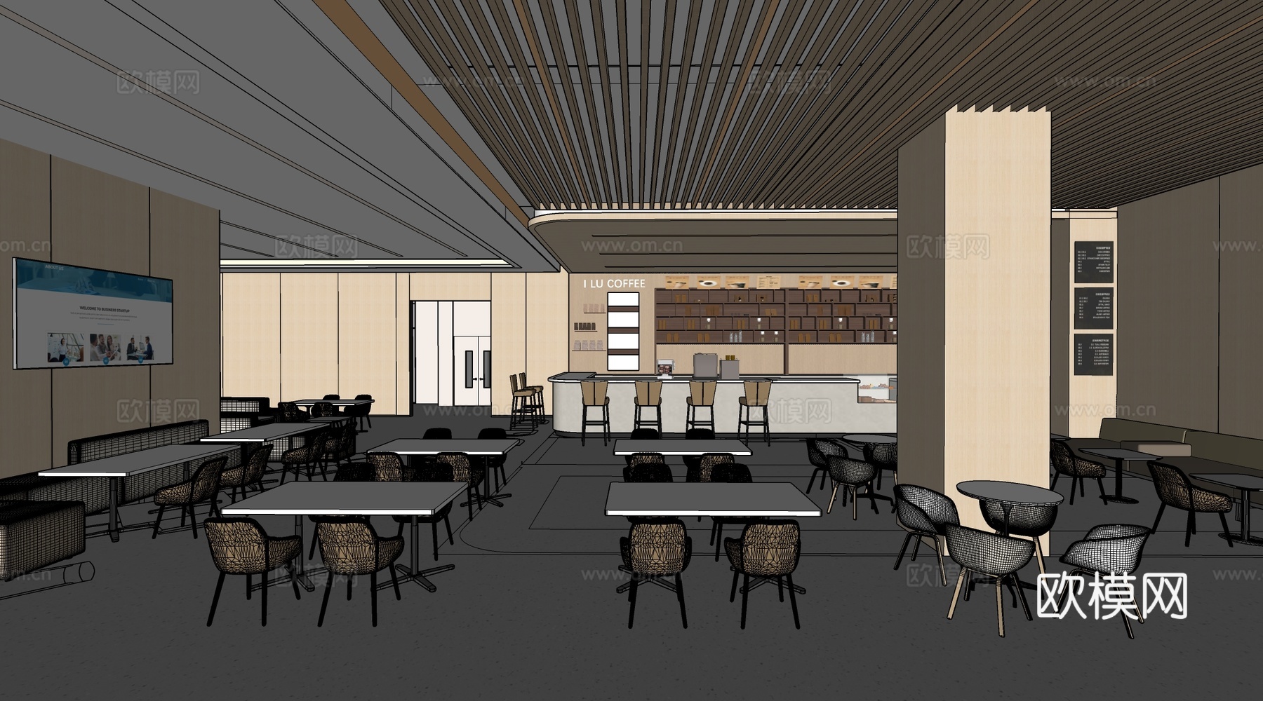 现代员工食堂 公司餐厅 食堂桌椅su模型