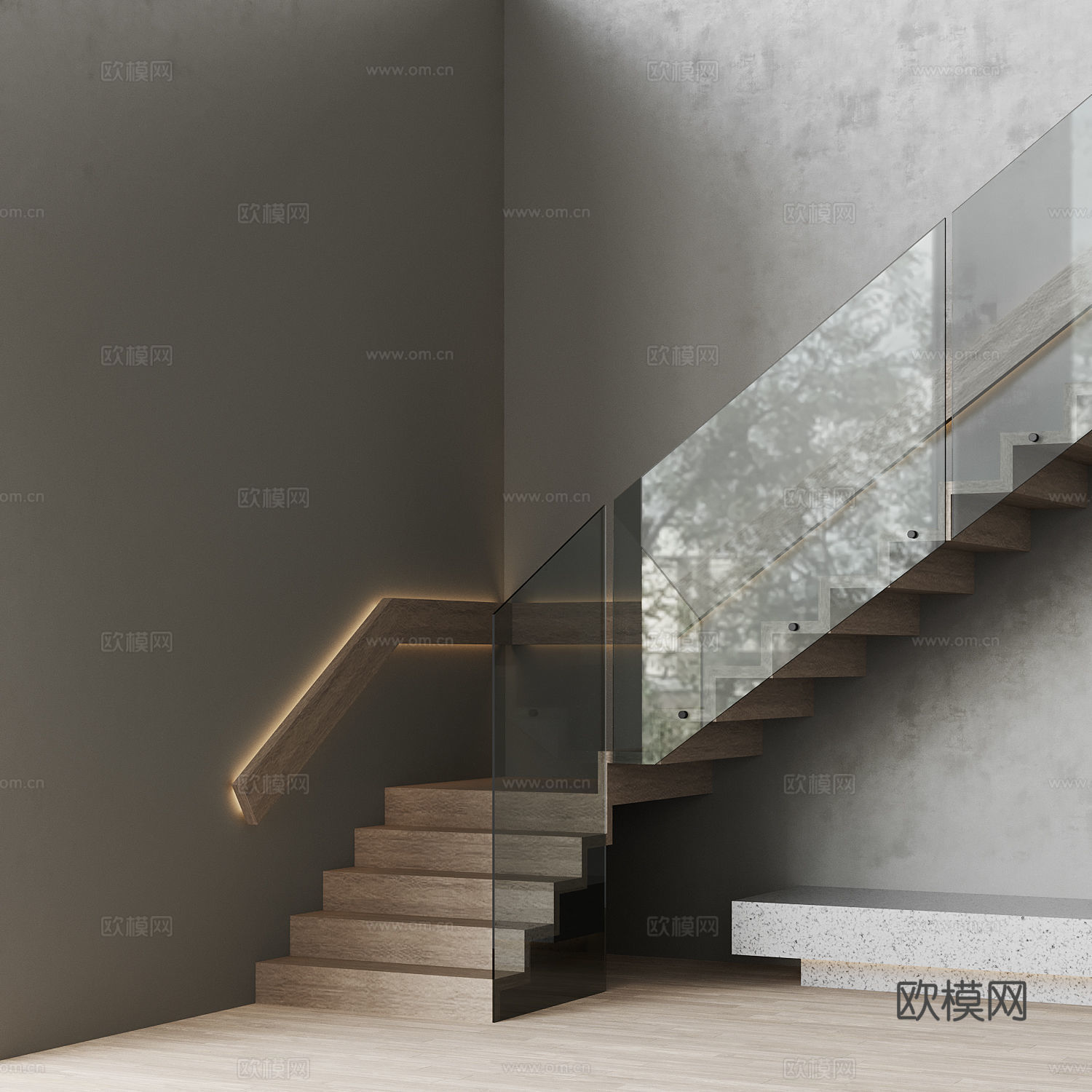 现代极简玻璃扶手楼梯3d模型