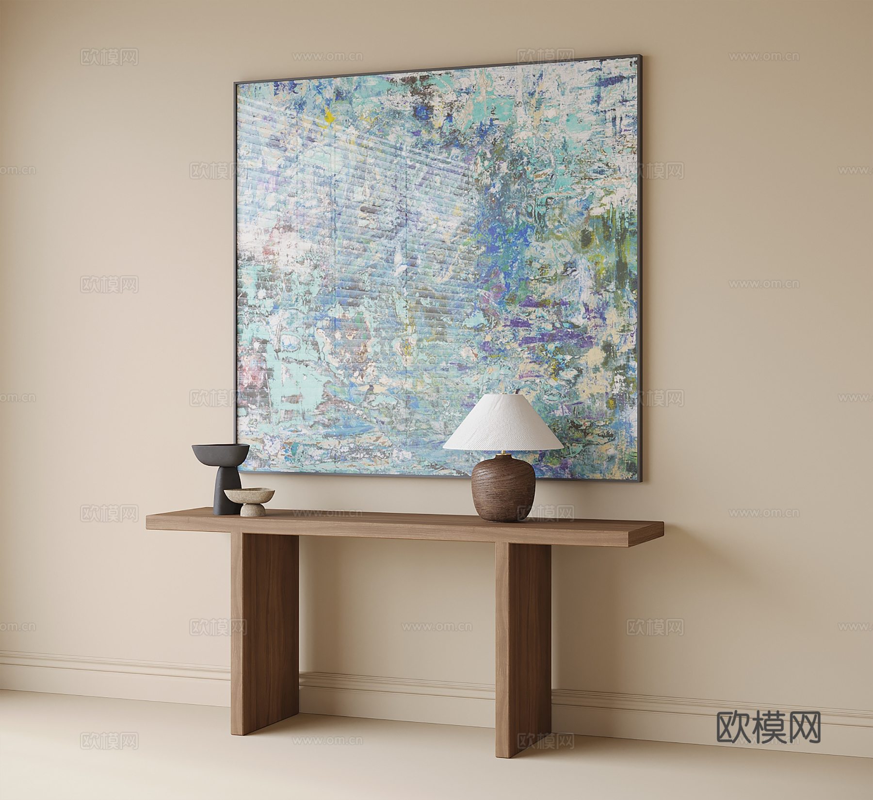 现代端景台 玄关台 挂画 台灯3d模型