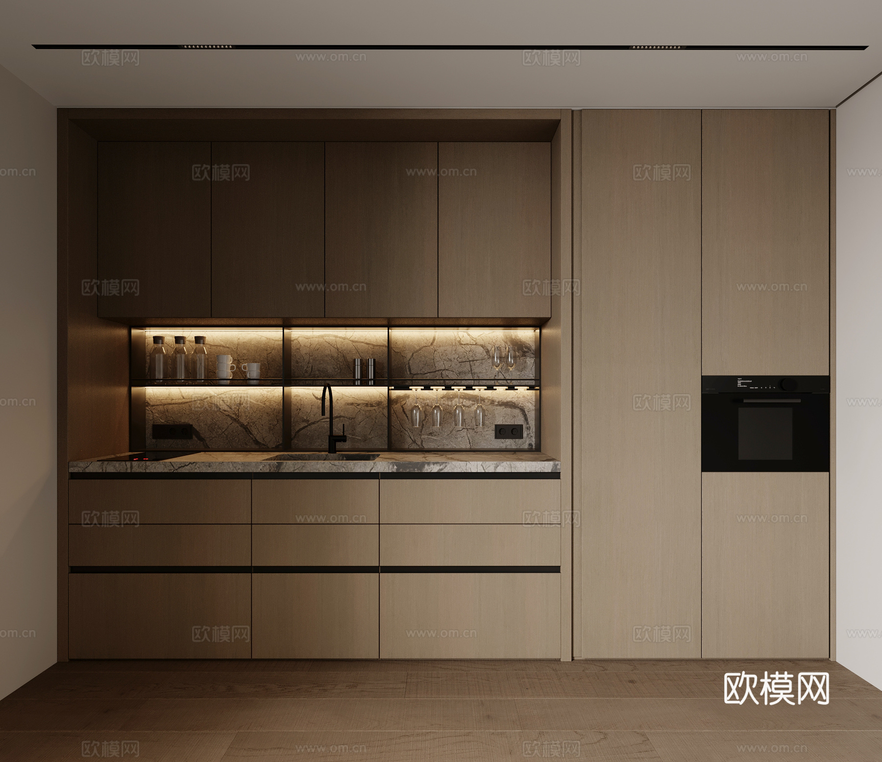 现代开放式厨房餐厅 餐桌椅 橱柜 吊灯3d模型