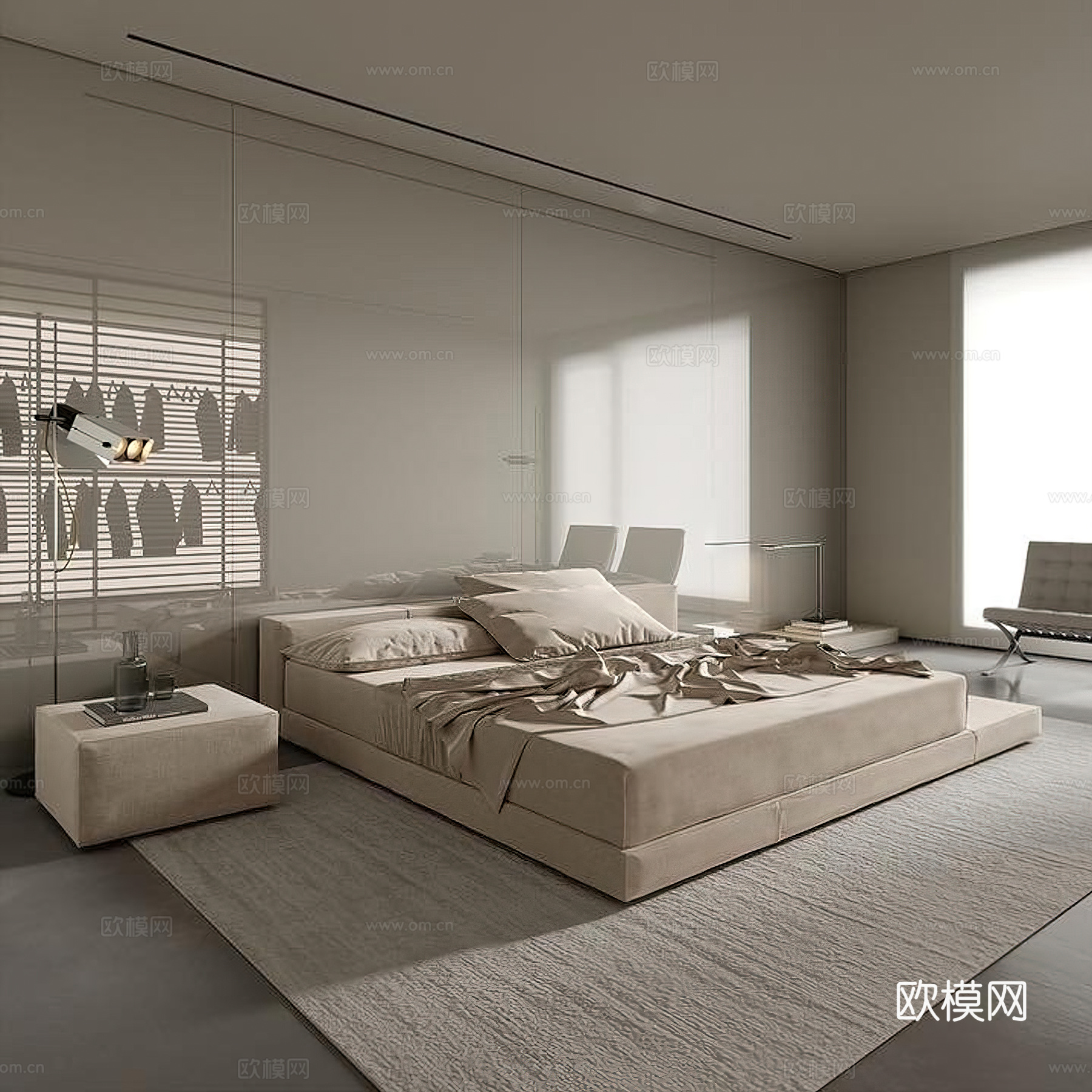 现代卧室 衣帽间 双人床 休闲椅 床头柜3d模型