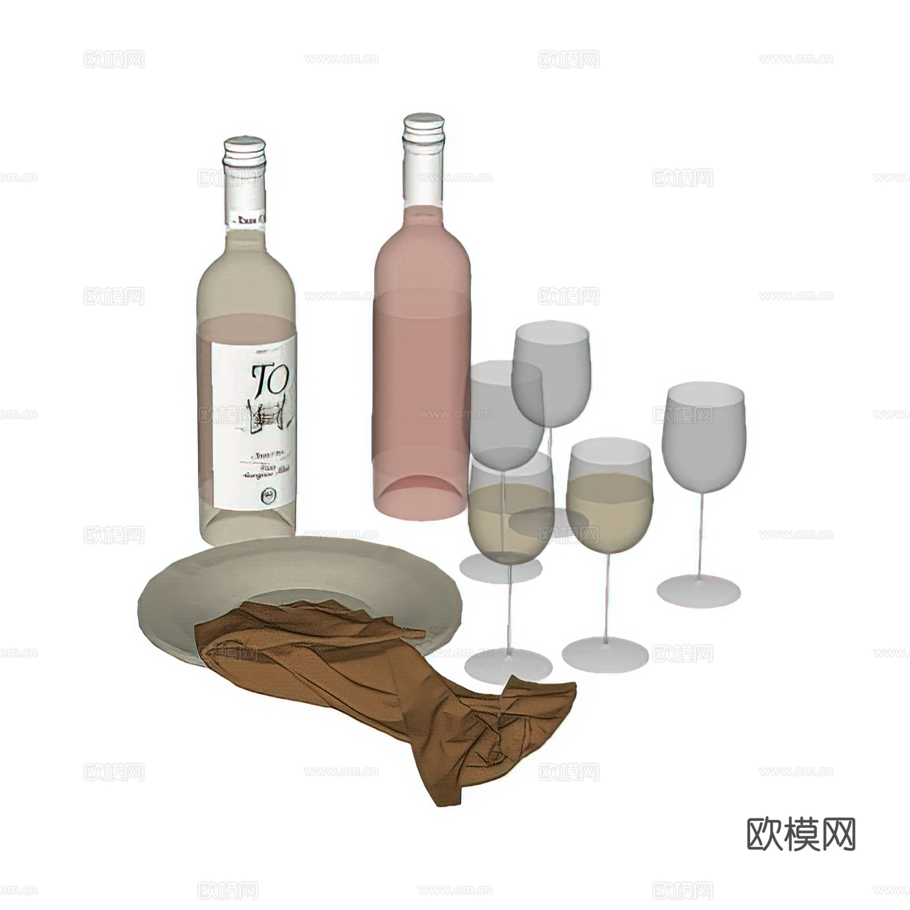 现代酒具摆件 红酒 酒杯 盘子 洋酒su模型
