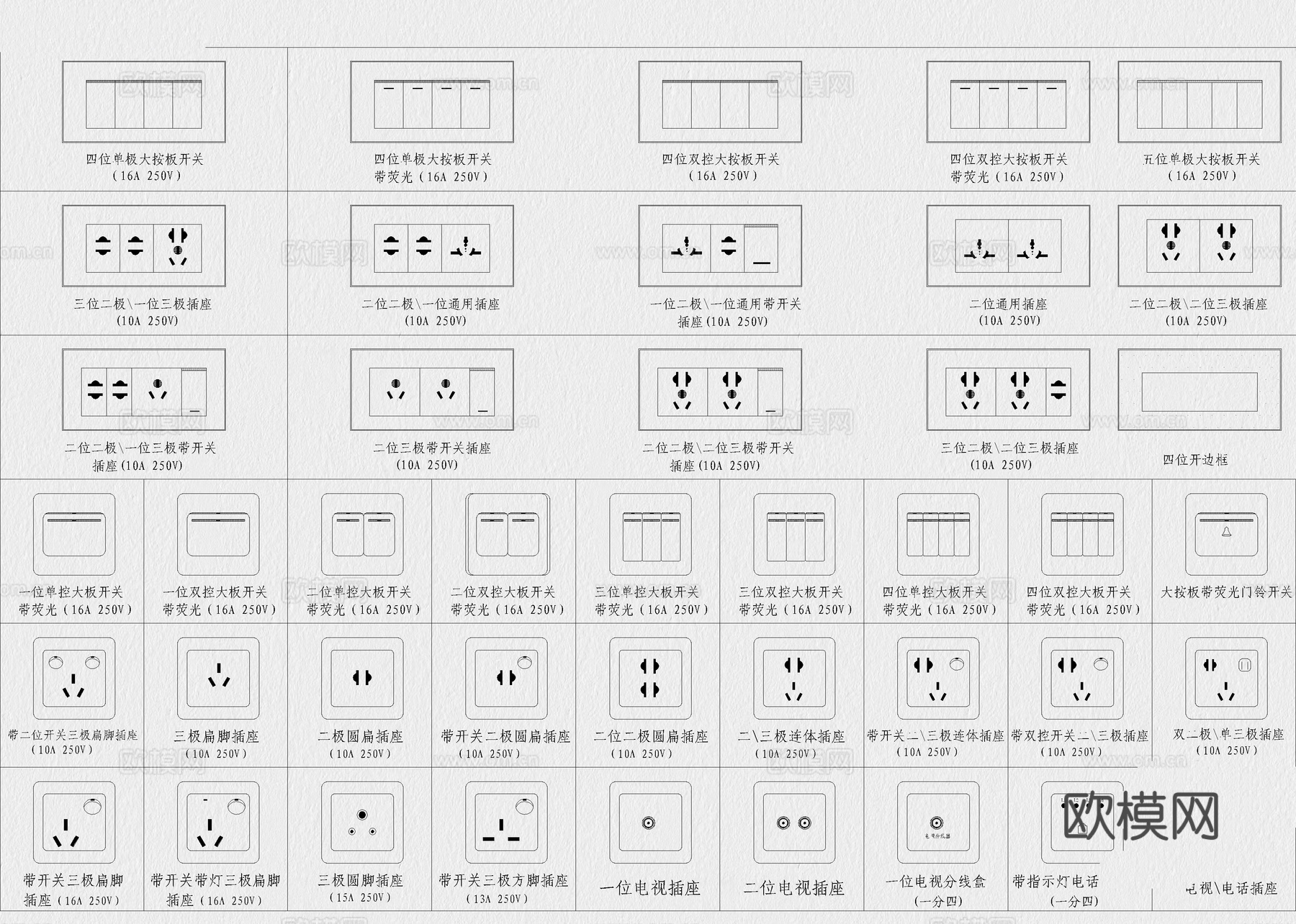 开关插座 移动轨道插座 智能开关 插座面板 照明图例cad施工图
