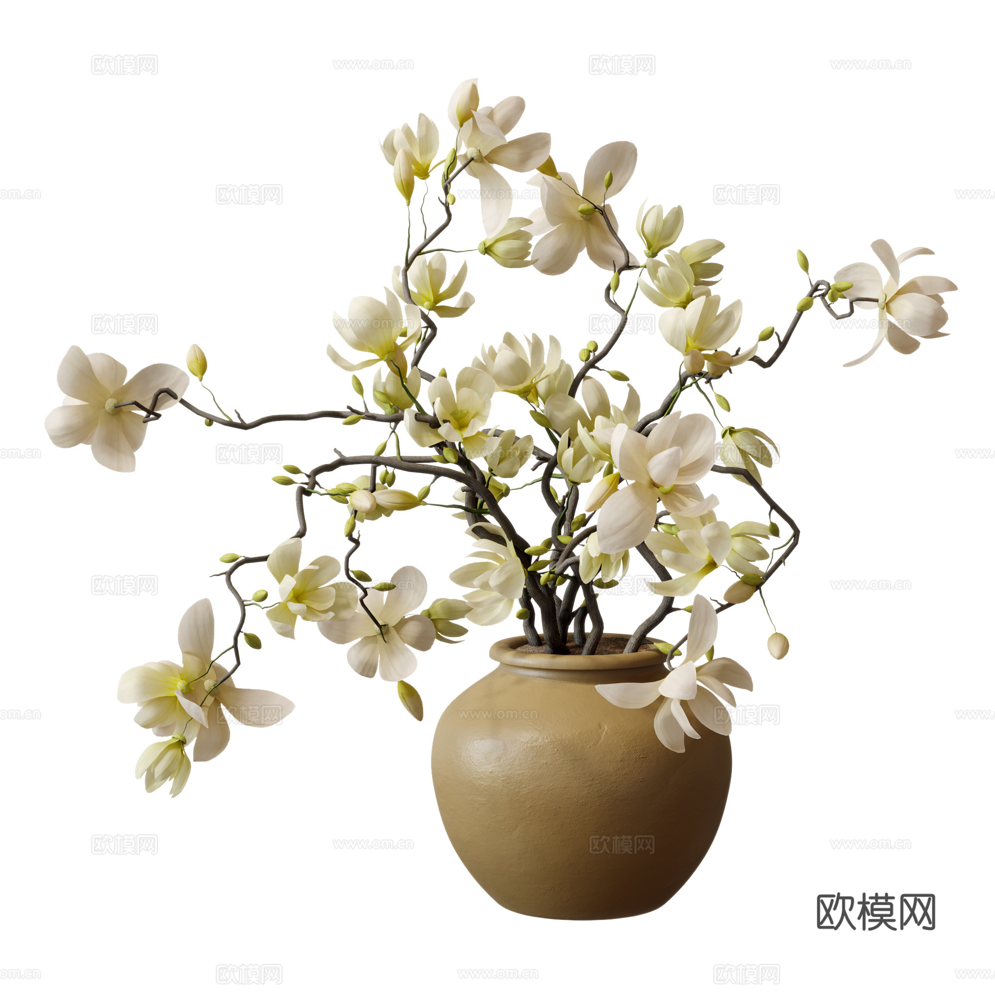 中古风花艺摆件 玉兰花 陶罐花瓶 艺术插花 餐桌摆件3d模型