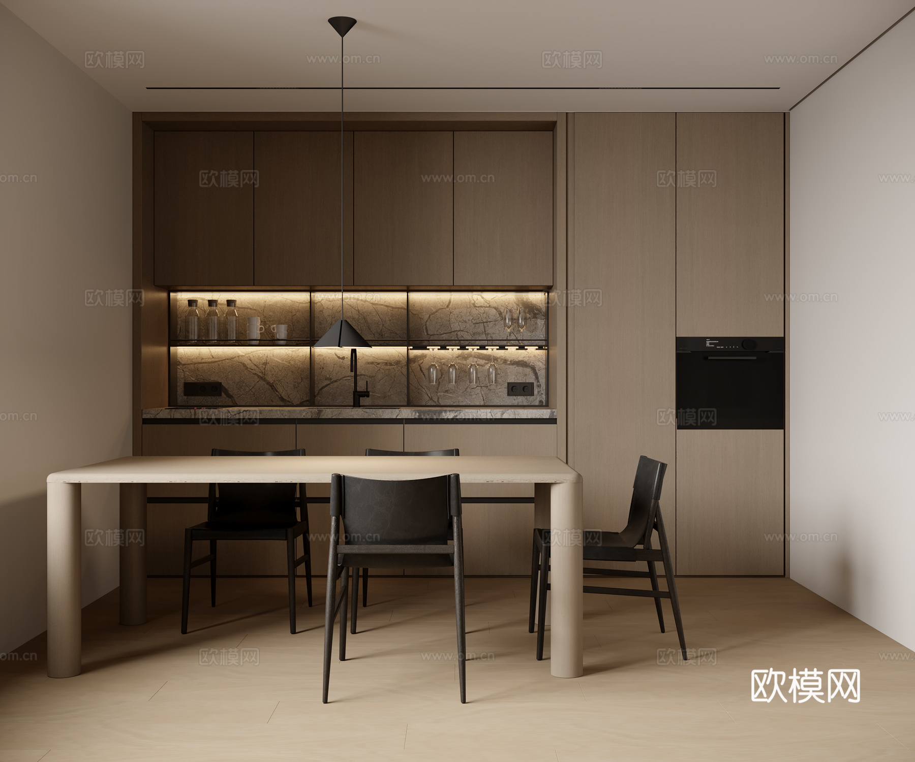 现代开放式厨房餐厅 餐桌椅 橱柜 吊灯3d模型